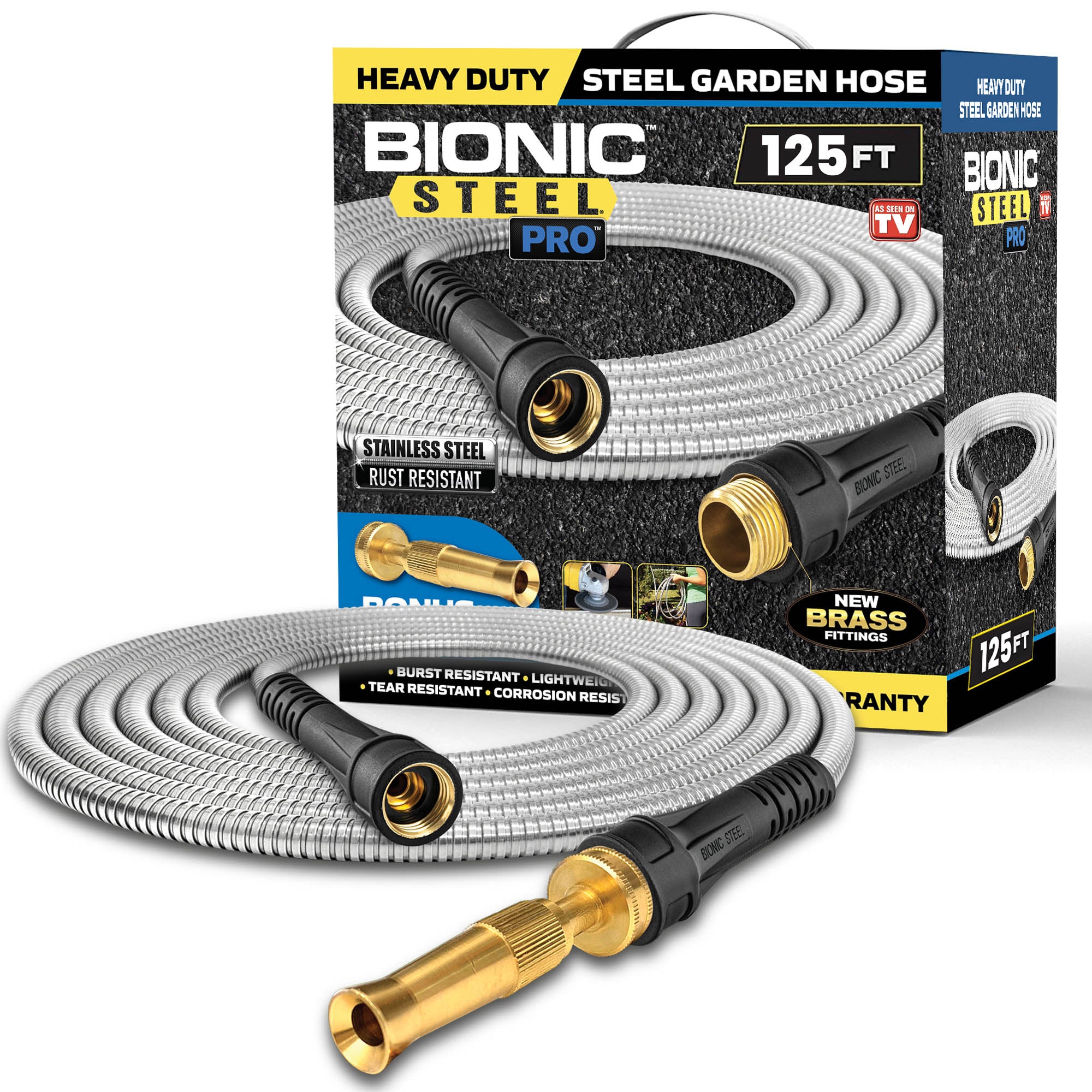 Bionic Steel PRO - 5/8 in. Heavy-Duty Stainless Steel Garden Hose with Brass Fittings - 25', 50', 75', 100' & 125'