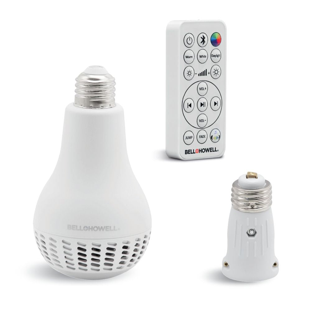 RGB Speaker Light Bulb - with Remote, Bluetooth. 450 Lumens, Screw-in, Dimmable, 3 Brightness Levels, Socket Extender Included