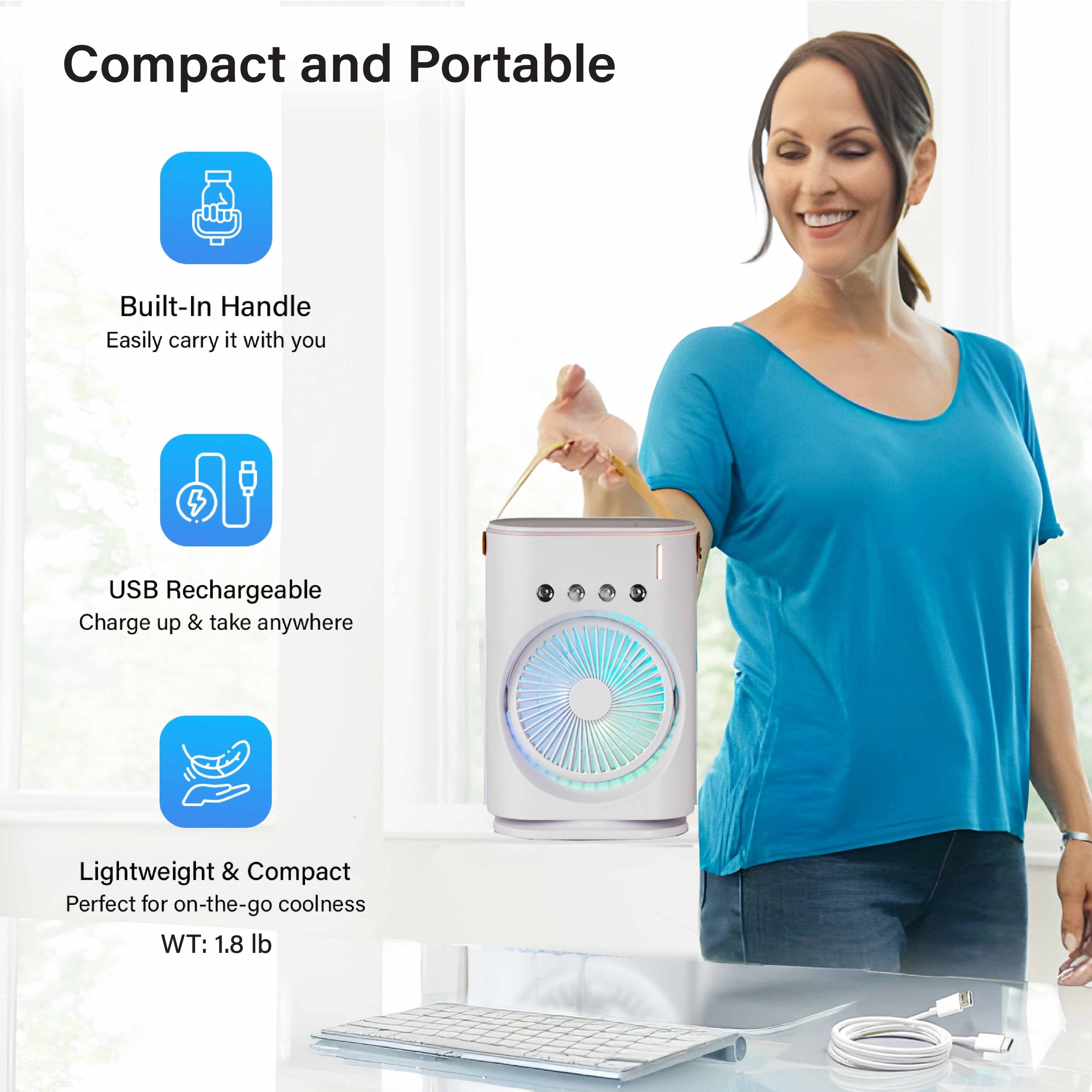 Bullseye Air Cool Misting Fan, Remote Controlled, Oscillating, USB-C Rechargeable, Color Changing, Lightweight, Portable
