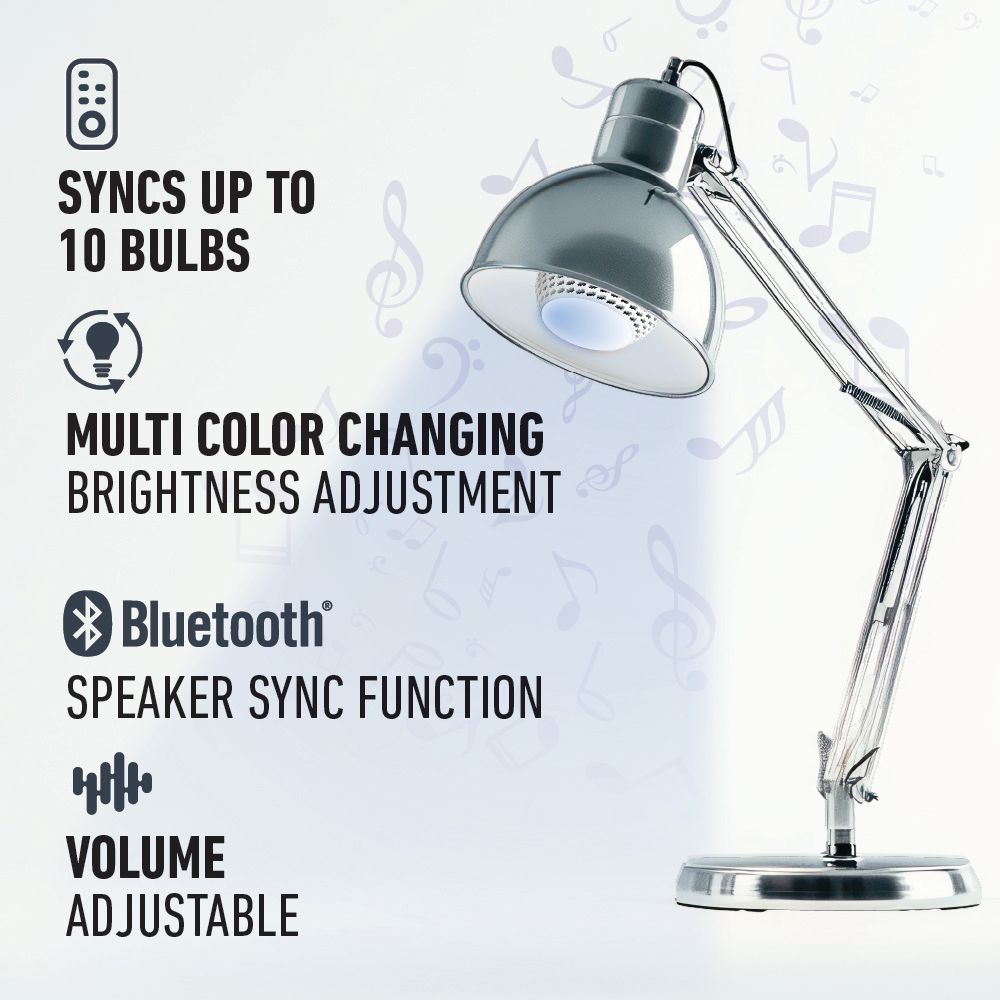 RGB Speaker Light Bulb - with Remote, Bluetooth. 450 Lumens, Screw-in, Dimmable, 3 Brightness Levels, Socket Extender Included