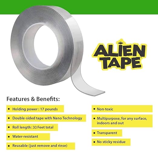 Alien Tape - 3 pack, 10ft each Double Sided Tape Heavy Duty, Nano Tape, Double Sided Mounting Tape, Heavy Duty Double Sided Tape for Walls, Wall Tape, Clear Adhesive Tape for Poster Photo Wall Décor
