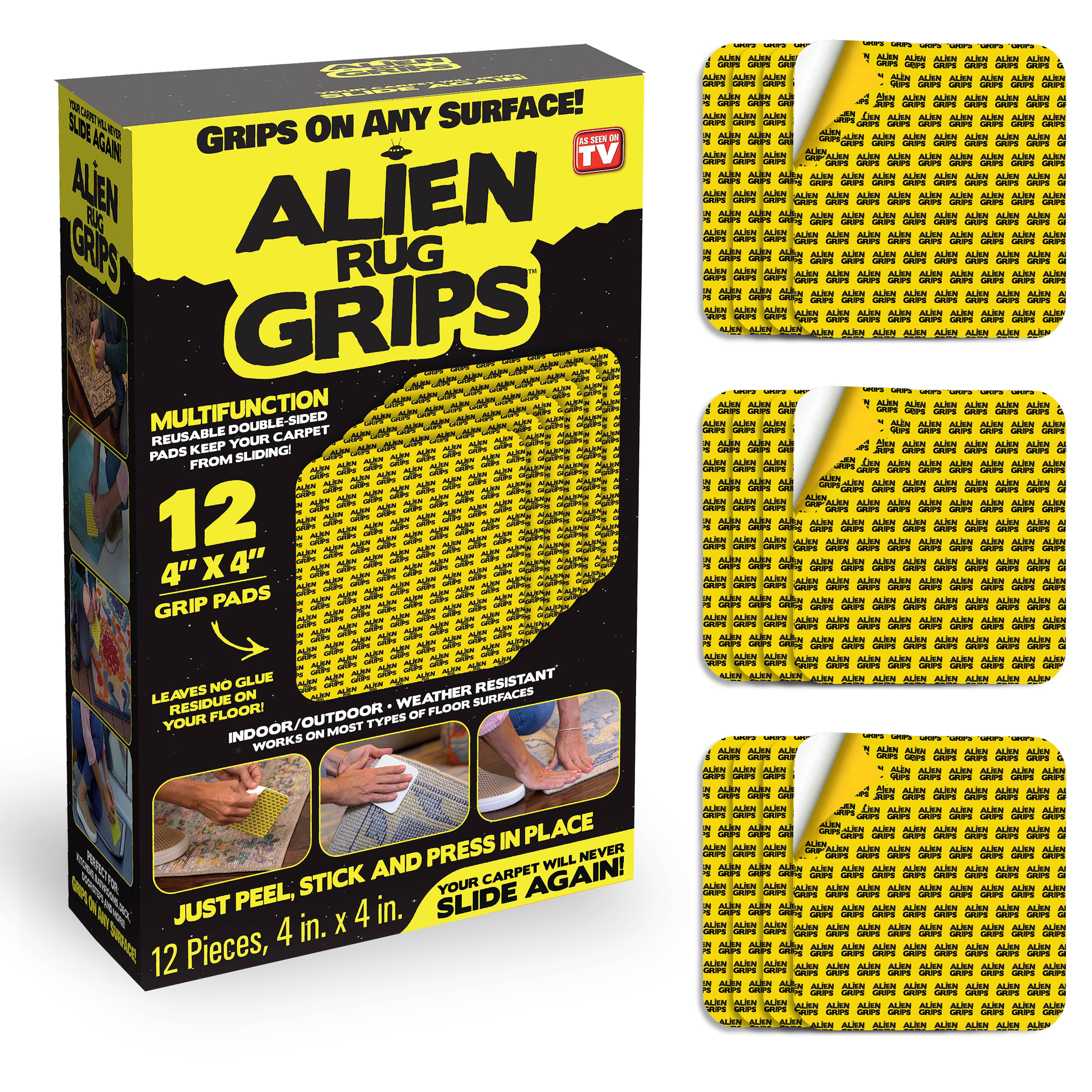 Alien Rug Grips Carpet Tape – 12pcs, 4x4 in. Reusable Double-Sided