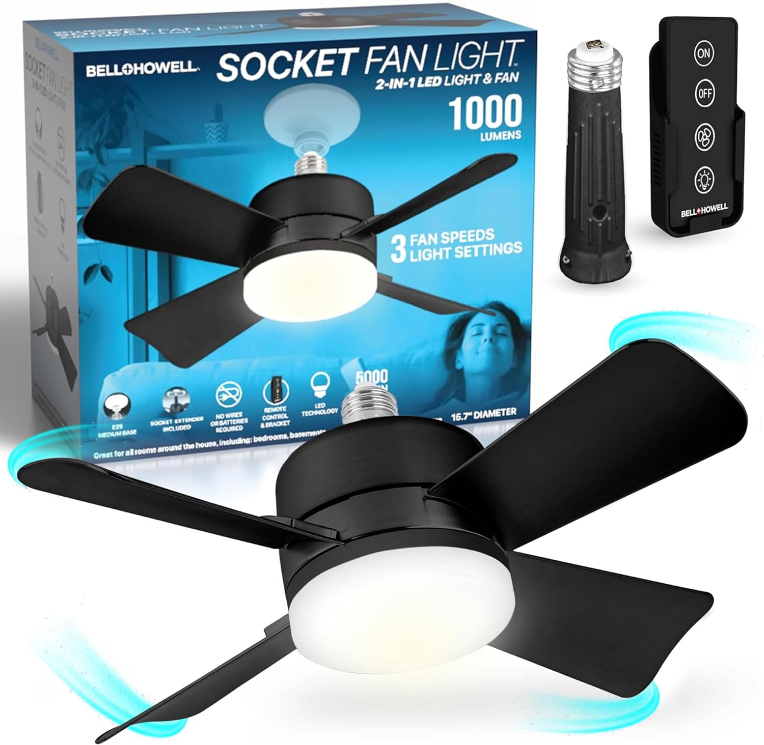 Bell + Howell Screw-In Socket Fan - Remote Controlled Socket Ceiling Fan & Light as seen on TV and TikTok #socketfan