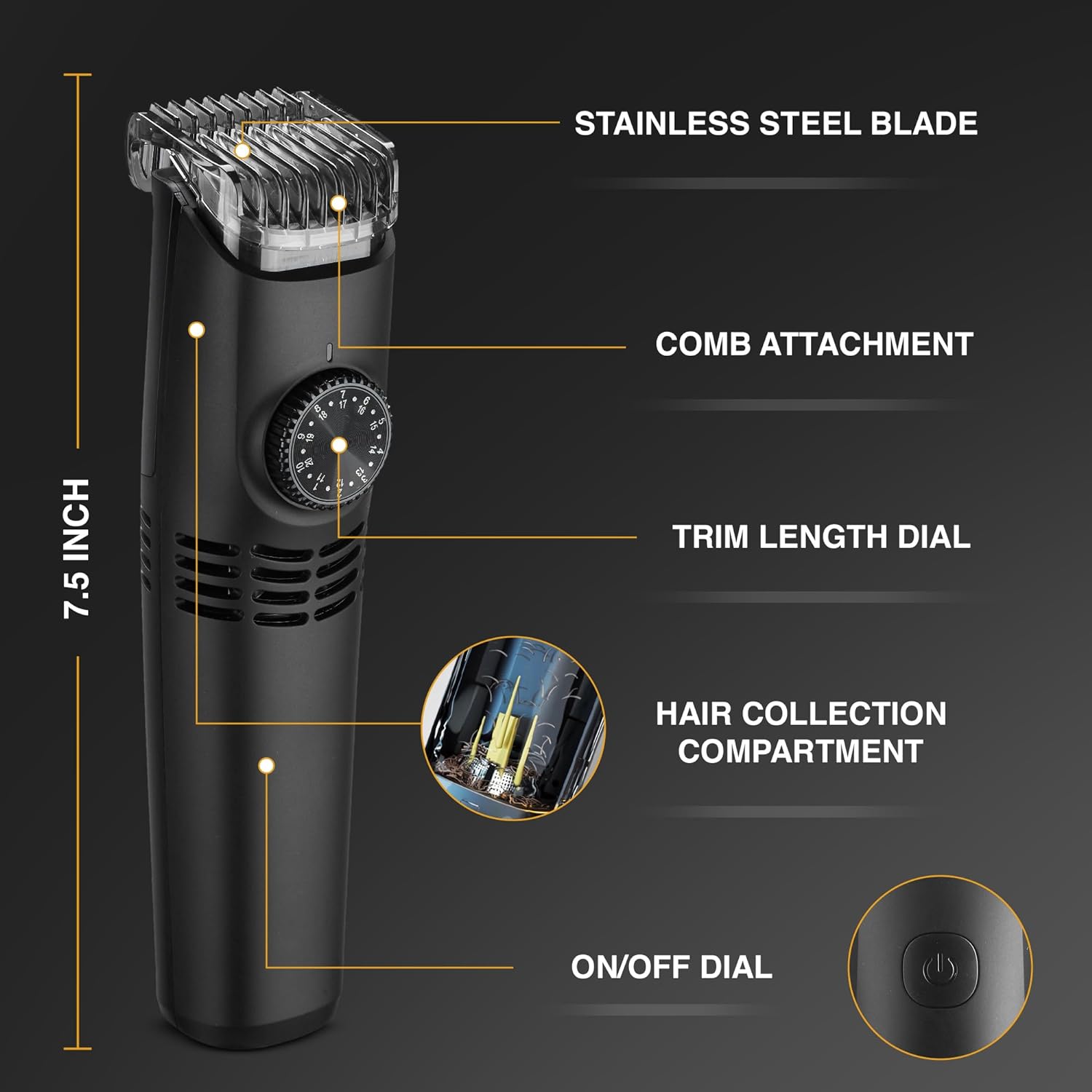 VacuTrim, Rechargeable Trimmer with Built-In Vacuum, Electric Shaver with 20 Trim Settings, Calibration Dial