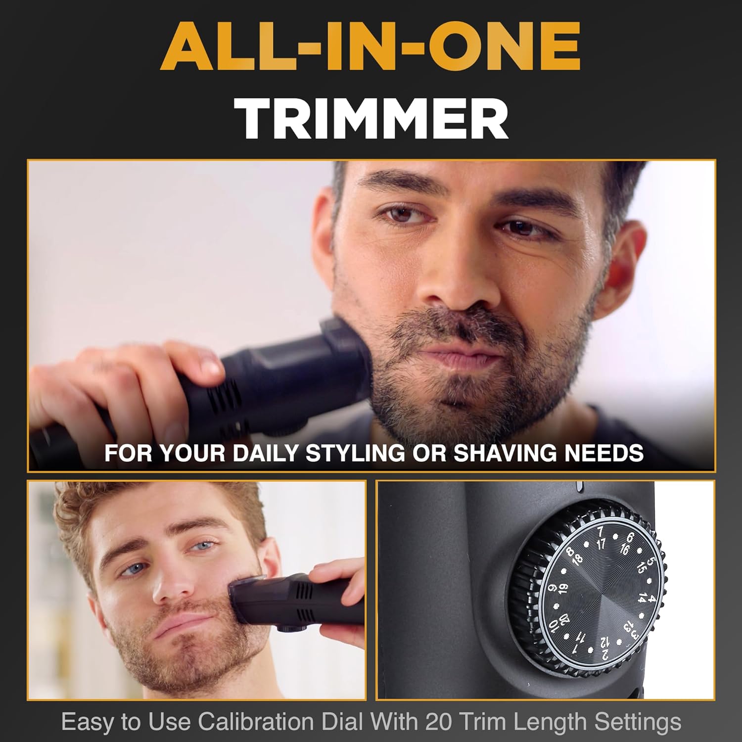 VacuTrim, Rechargeable Trimmer with Built-In Vacuum, Electric Shaver with 20 Trim Settings, Calibration Dial