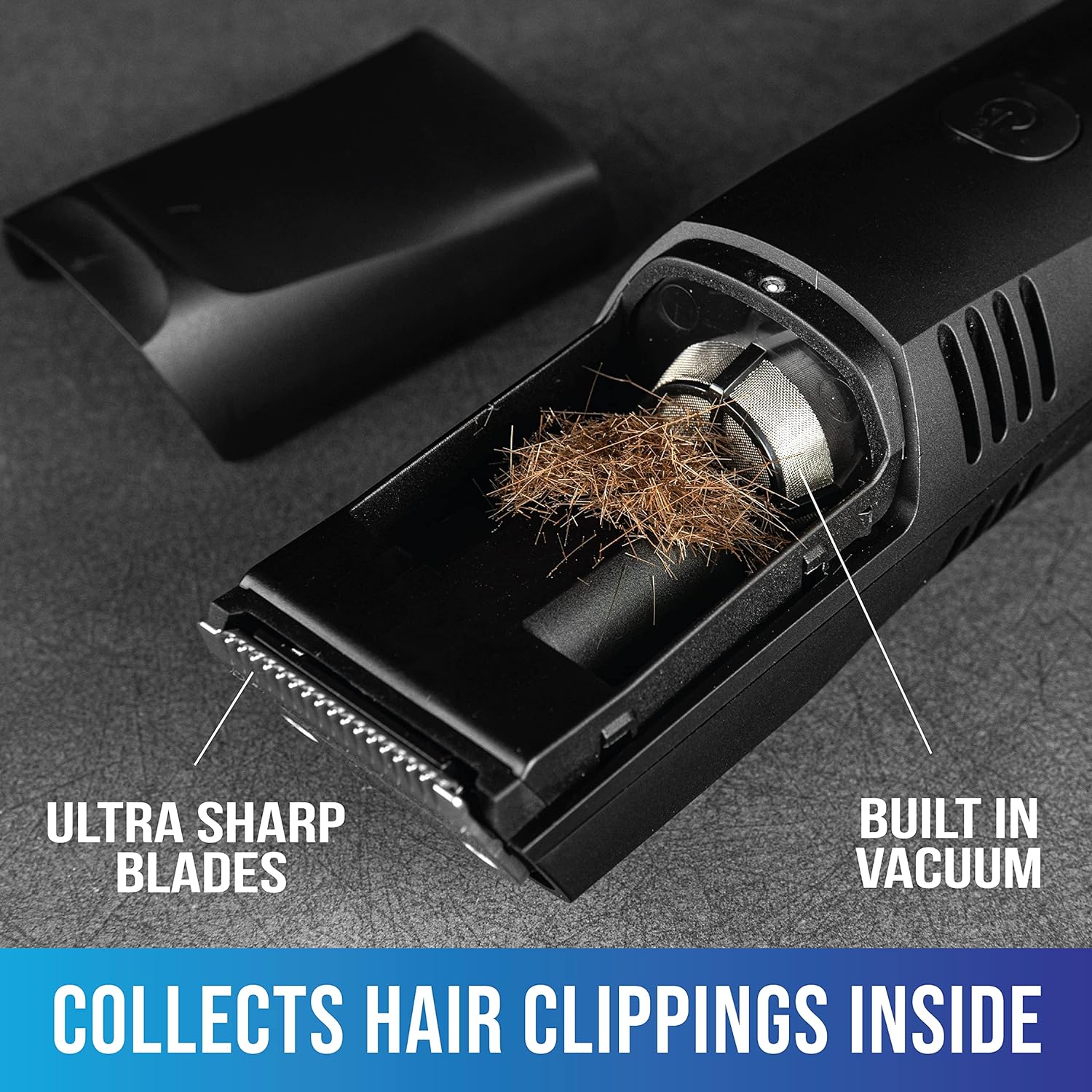 VacuTrim, Rechargeable Trimmer with Built-In Vacuum, Electric Shaver with 20 Trim Settings, Calibration Dial