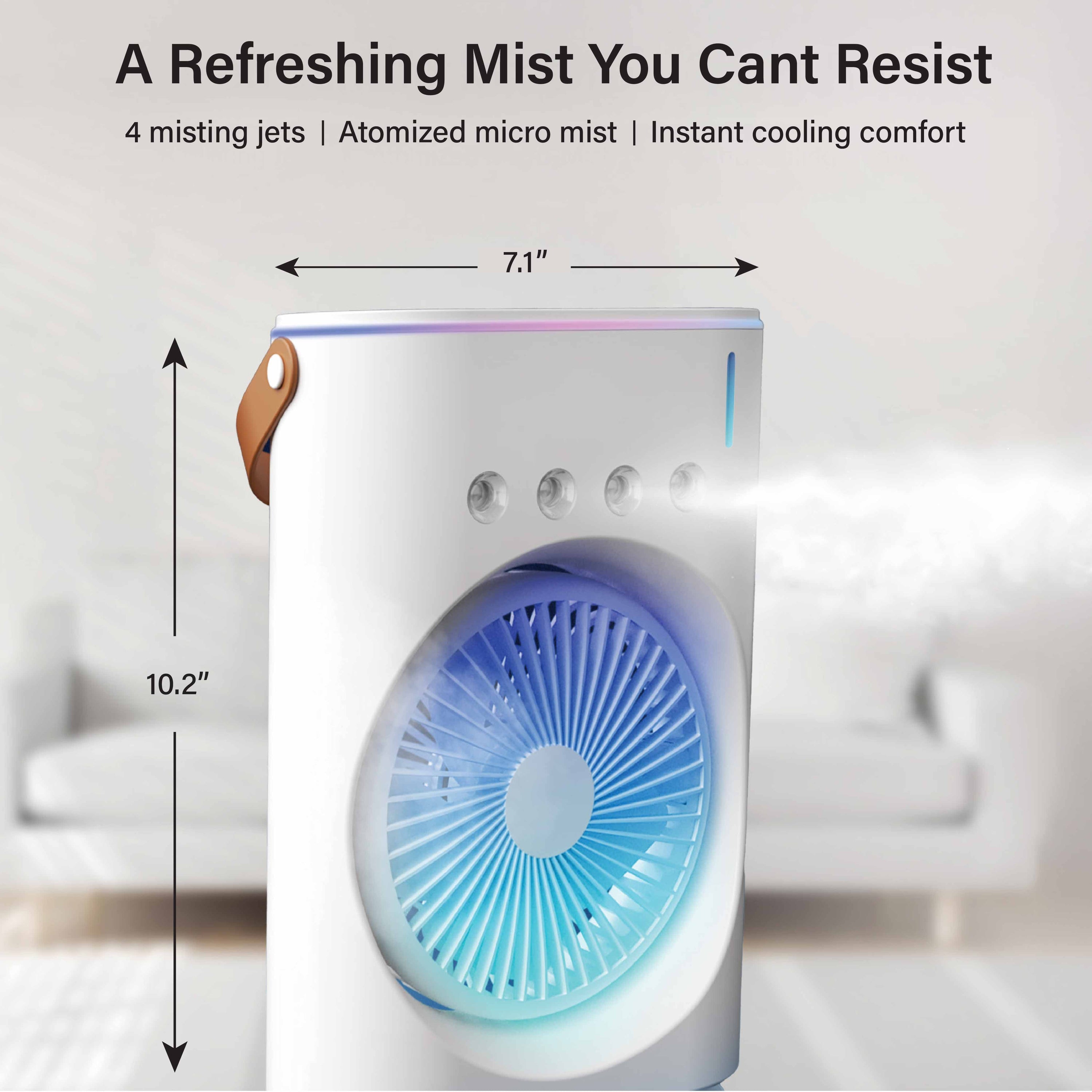 Bullseye Air Cool Misting Fan, Remote Controlled, Oscillating, USB-C Rechargeable, Color Changing, Lightweight, Portable