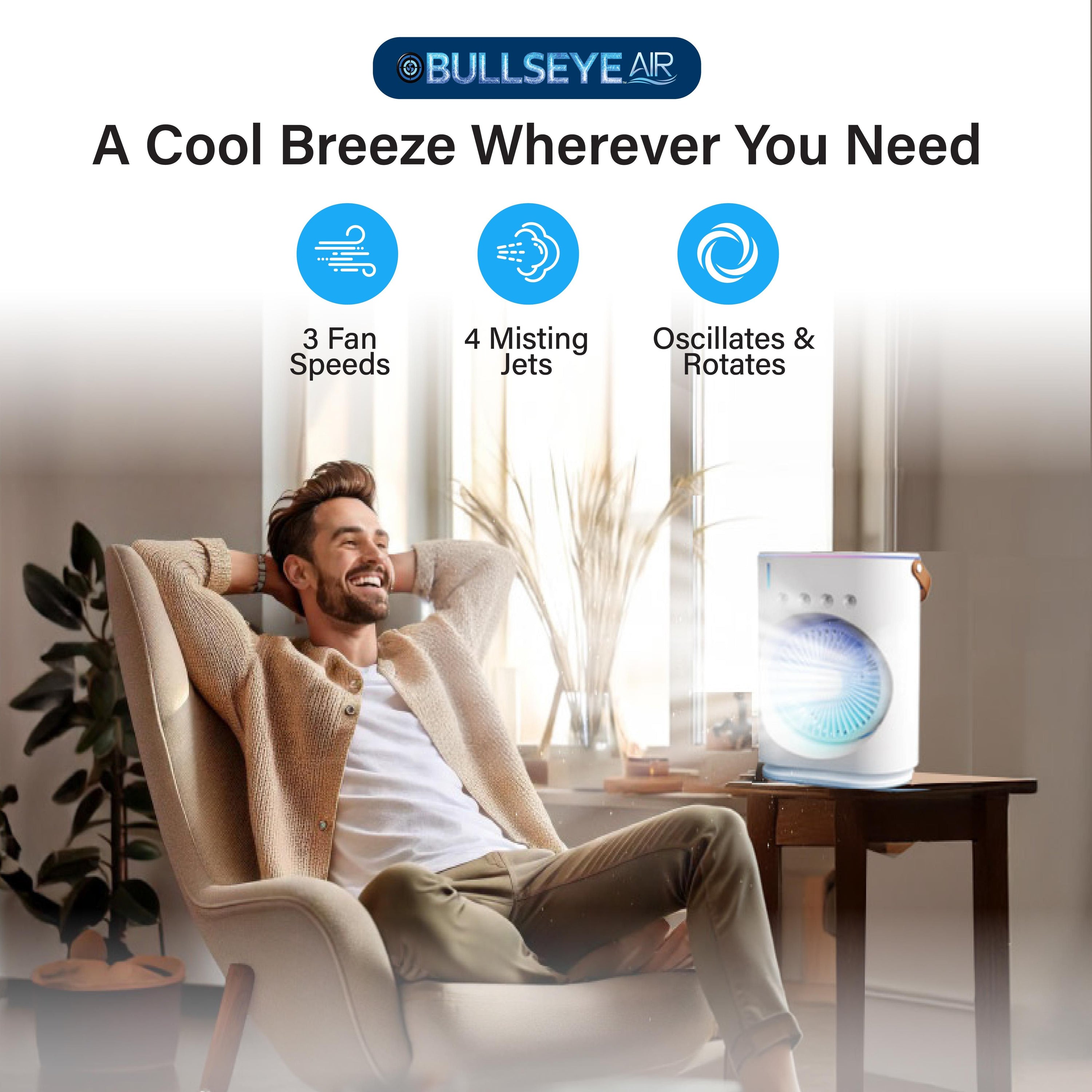 Bullseye Air Cool Misting Fan, Remote Controlled, Oscillating, USB-C Rechargeable, Color Changing, Lightweight, Portable