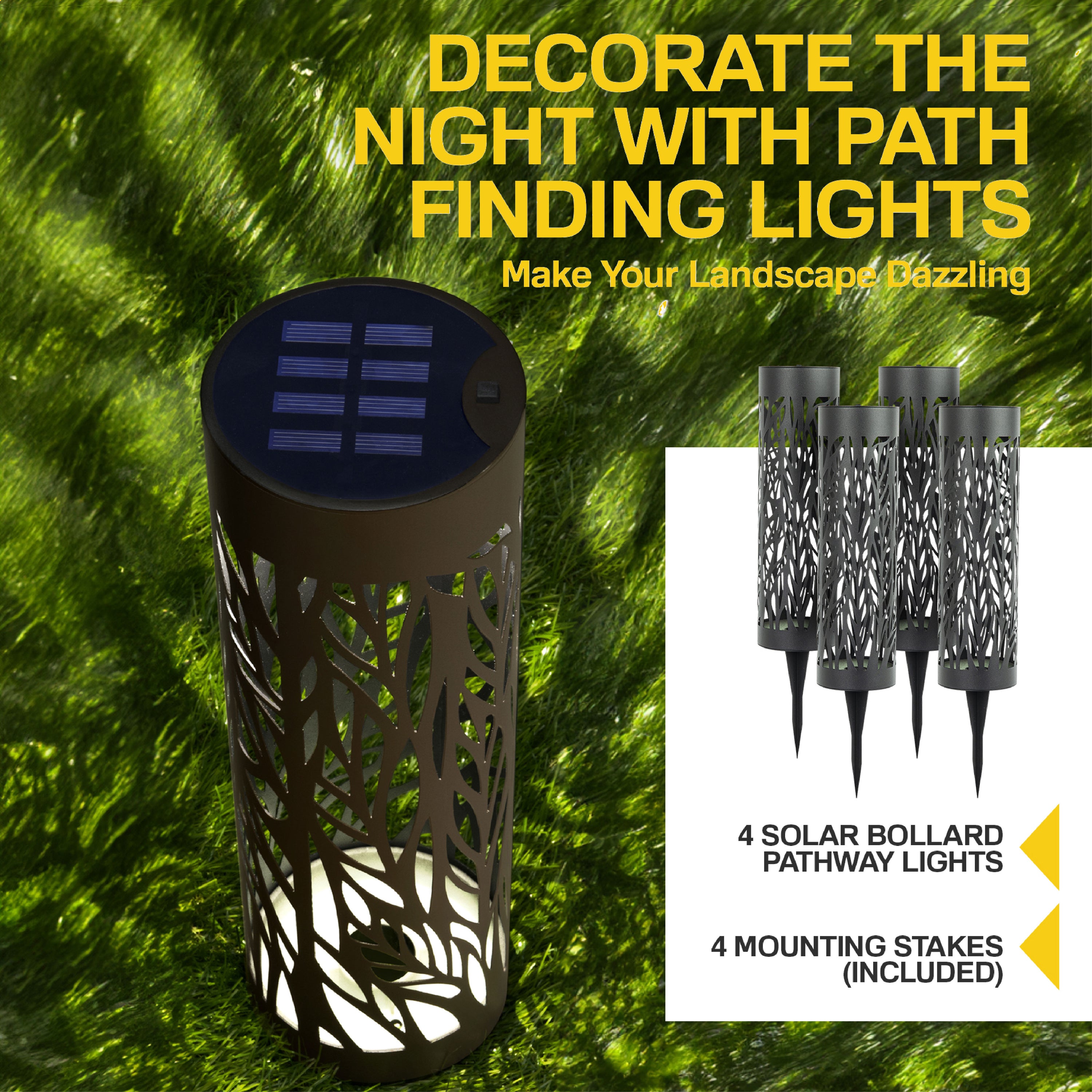 Solar Powered Steel Pathway Bollard Lights, IP65 Water Resistant, LED, Aesthetic, Modern Design, All Season Safe, Summer, Fall, Winter, Spring, Landscape, Lawn, Garden