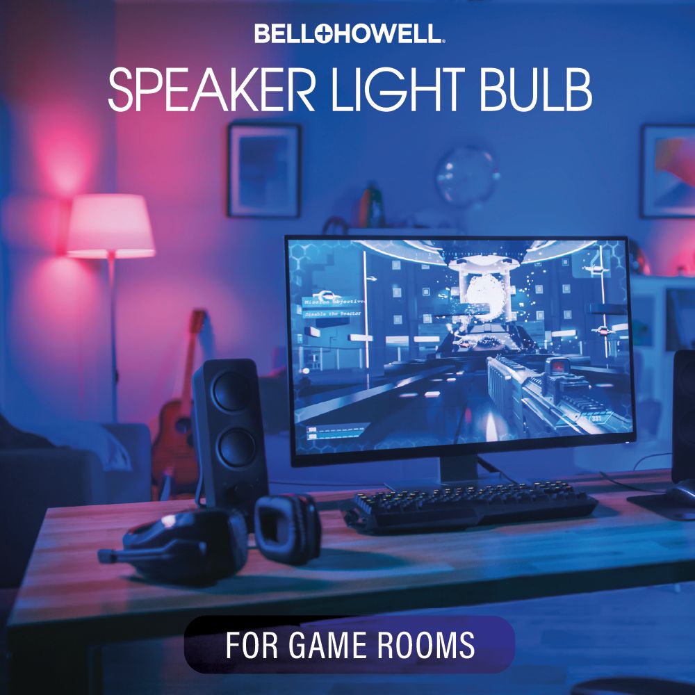 RGB Speaker Light Bulb - with Remote, Bluetooth. 450 Lumens, Screw-in, Dimmable, 3 Brightness Levels, Socket Extender Included