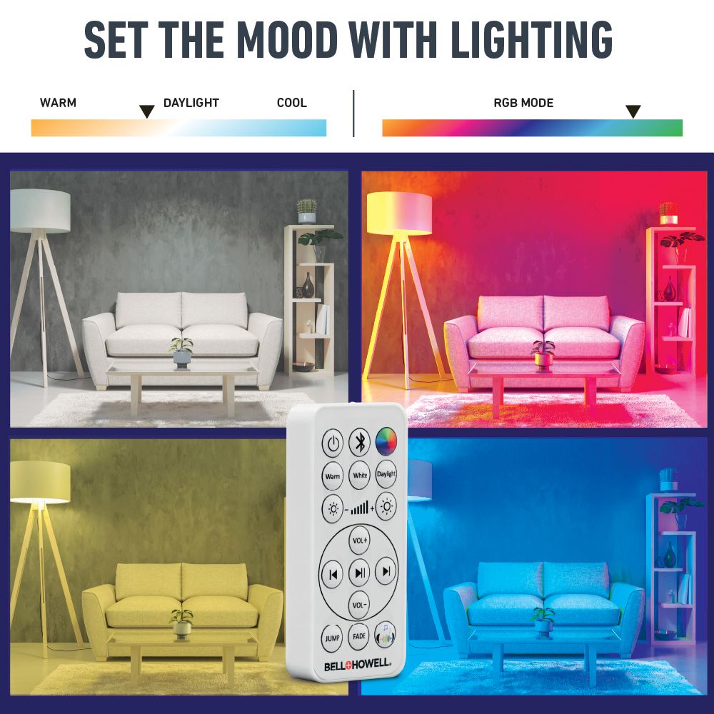RGB Speaker Light Bulb - with Remote, Bluetooth. 450 Lumens, Screw-in, Dimmable, 3 Brightness Levels, Socket Extender Included