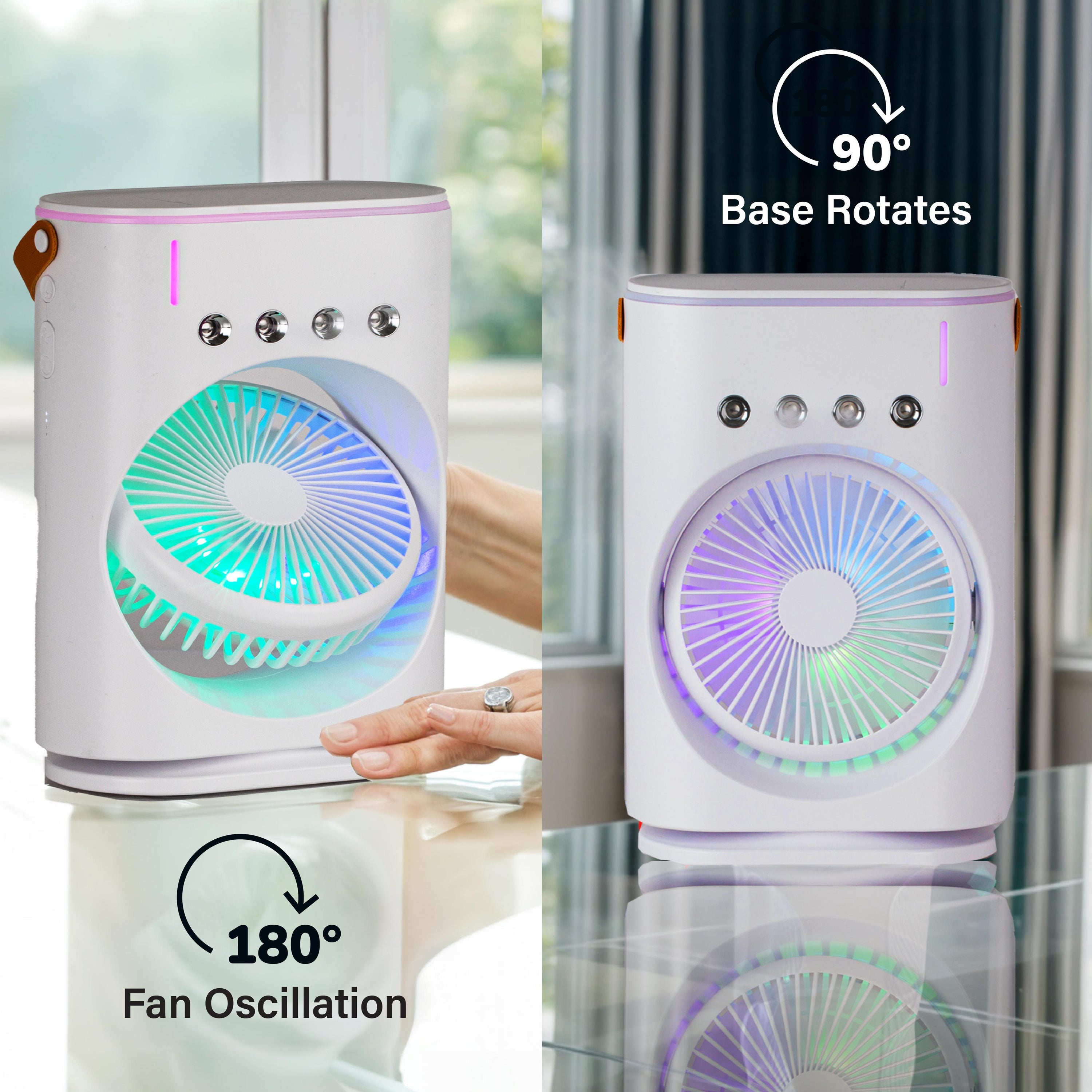 Bullseye Air Cool Misting Fan, Remote Controlled, Oscillating, USB-C Rechargeable, Color Changing, Lightweight, Portable