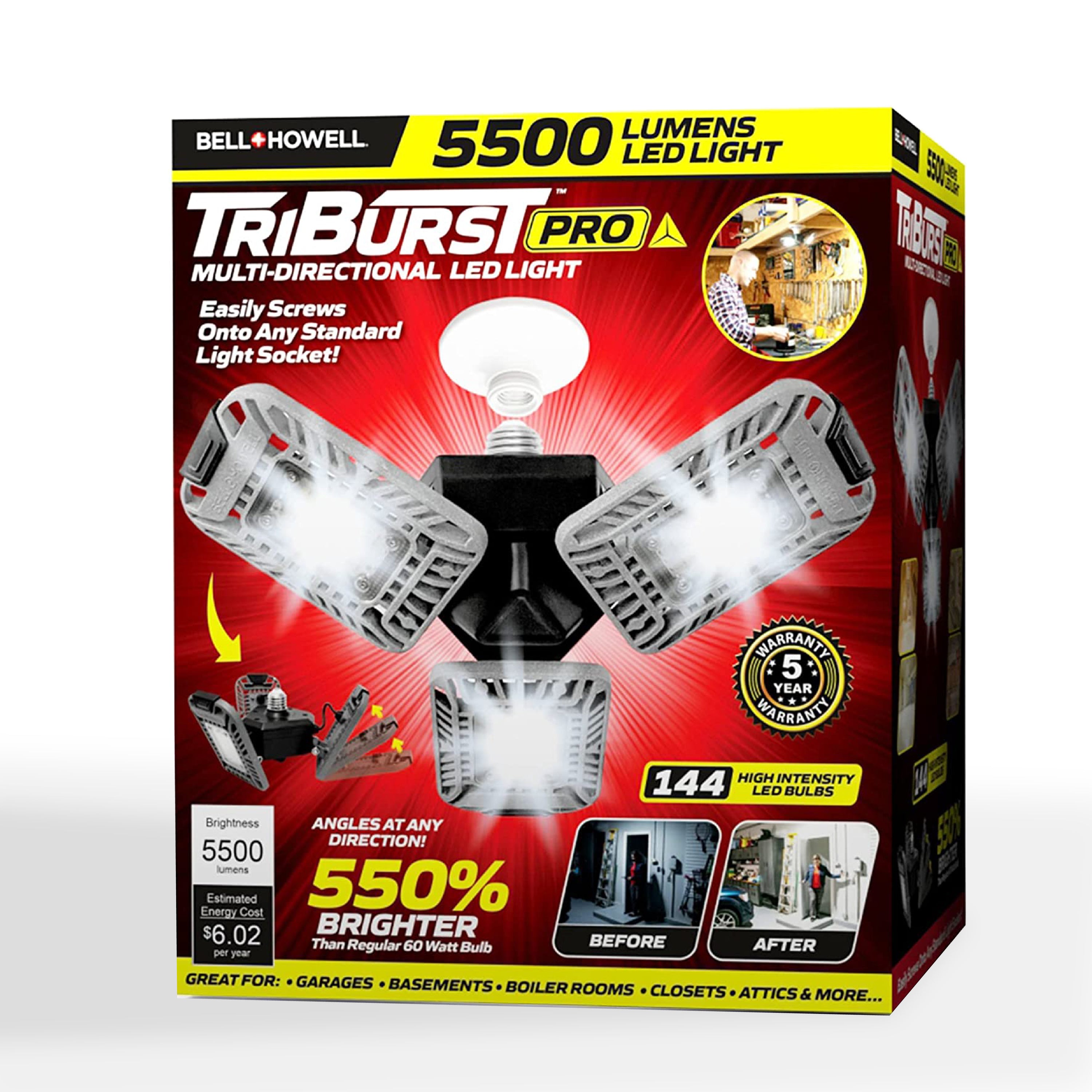 Triburst 5500 Lumens 6500 Kelvin Screw-In Indoor Lights, Ultra Bright Lighting with 144 LED Bulb, Multi-Directional Triple Panel Ceiling, Garage, Shop Light
