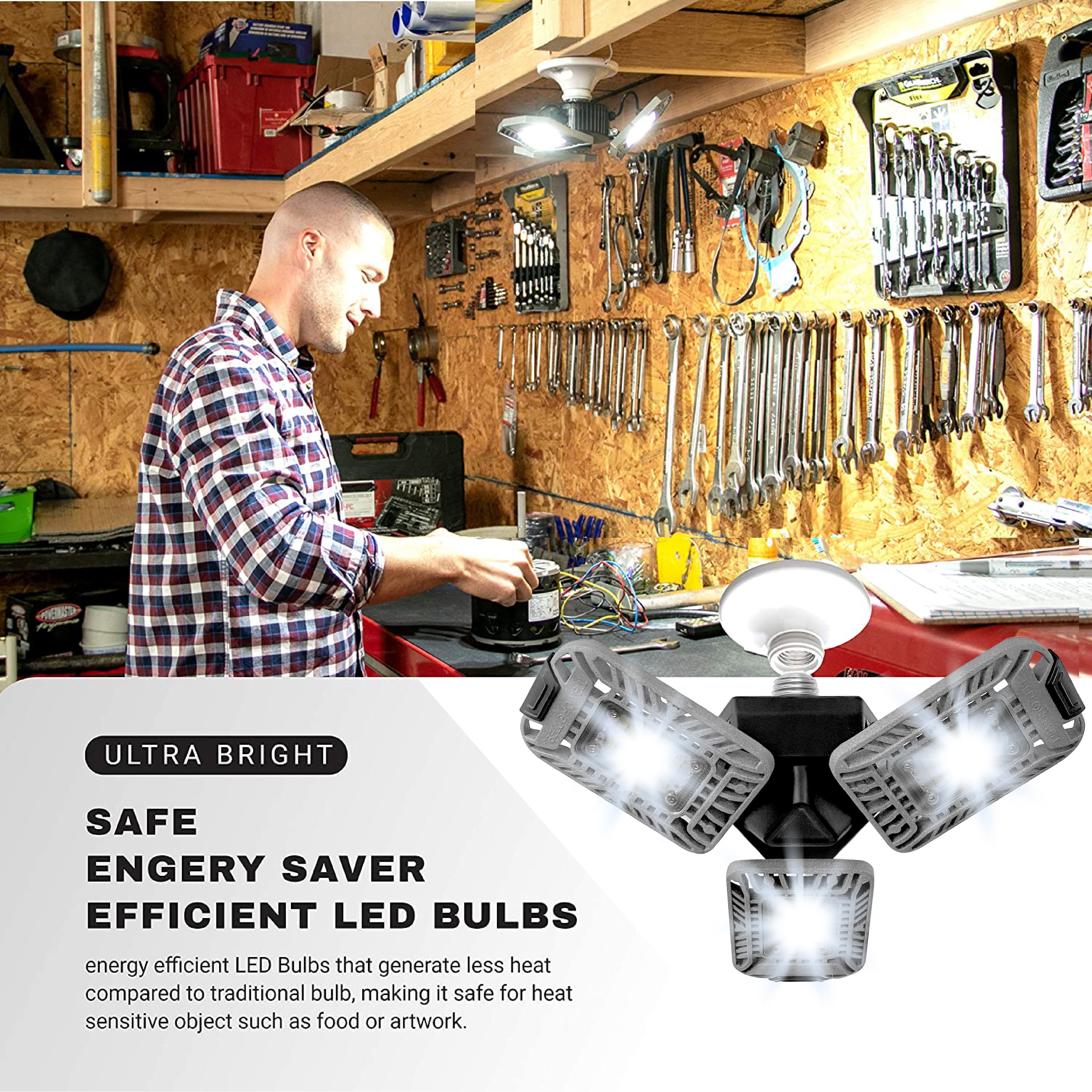 Triburst 5500 Lumens 6500 Kelvin Screw-In Indoor Lights, Ultra Bright Lighting with 144 LED Bulb, Multi-Directional Triple Panel Ceiling, Garage, Shop Light