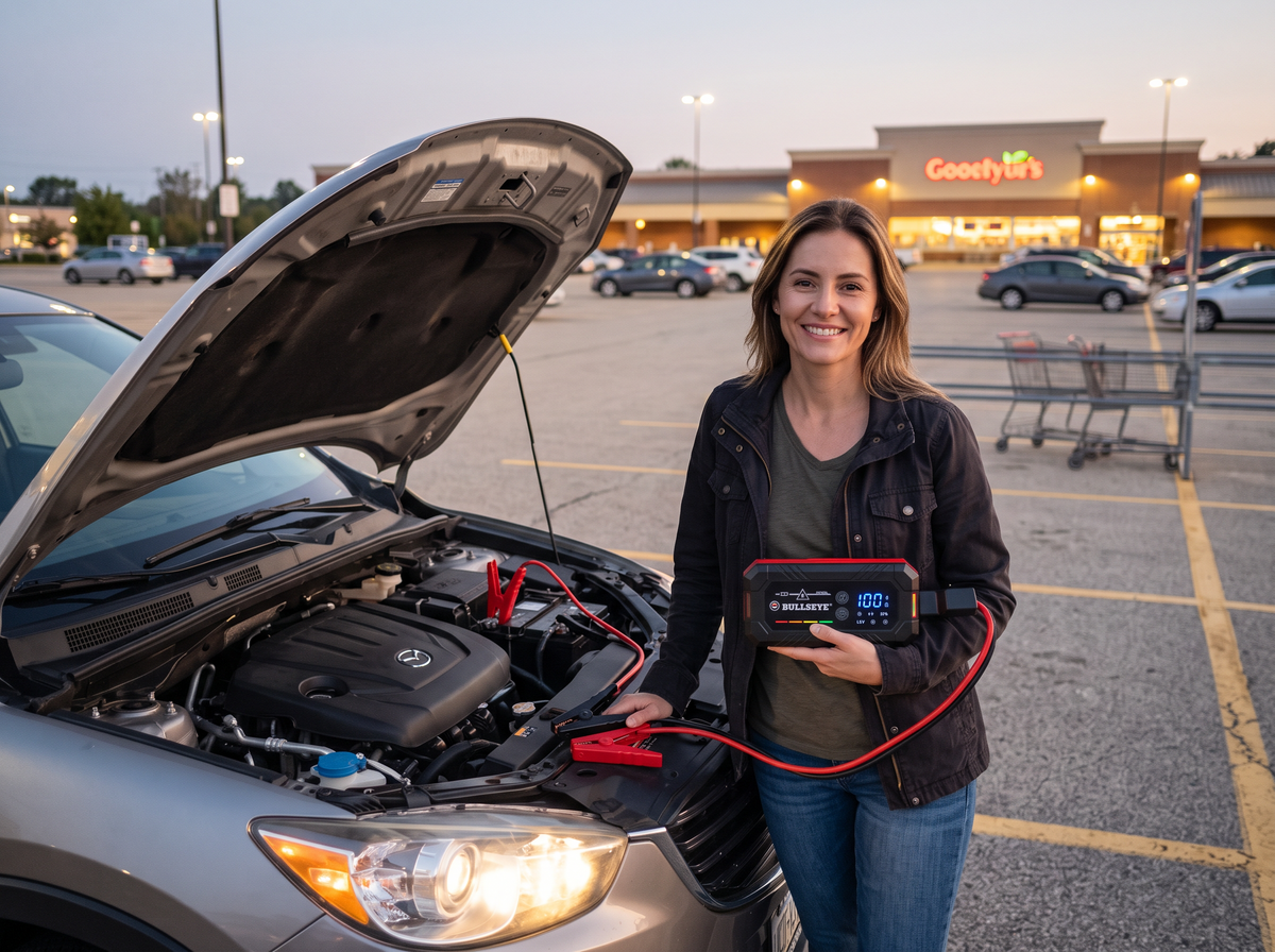 Woman holding the Bullseye Safety XL in a parking lot