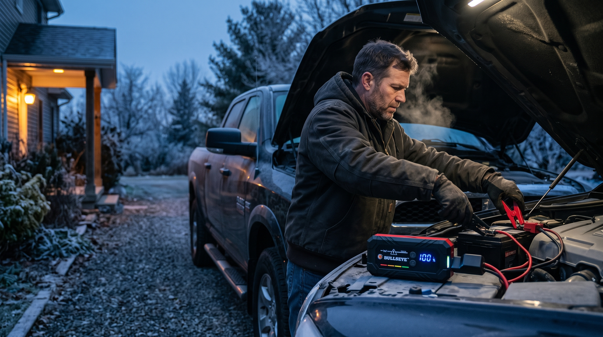 Man jump-starting a pickup truck at dawn with the Bullseye Safety XL