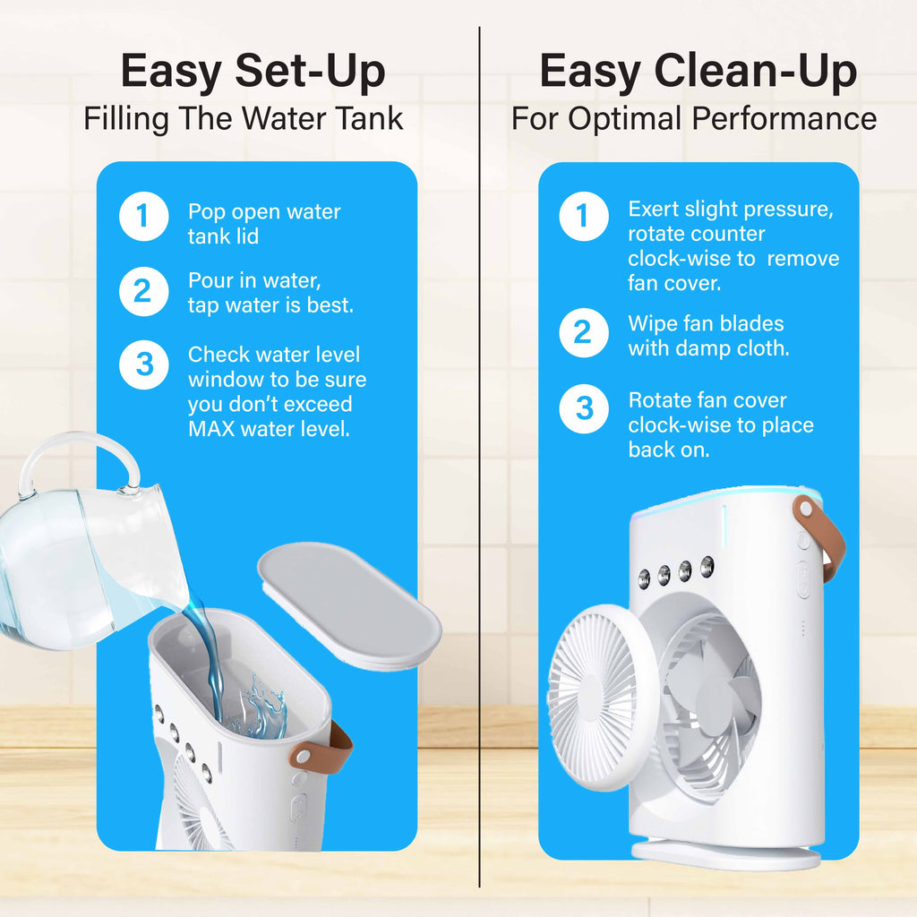 Bullseye Air Cool Misting Fan, Remote Controlled, Oscillating, USB-C Rechargeable, Color Changing, Lightweight, Portable