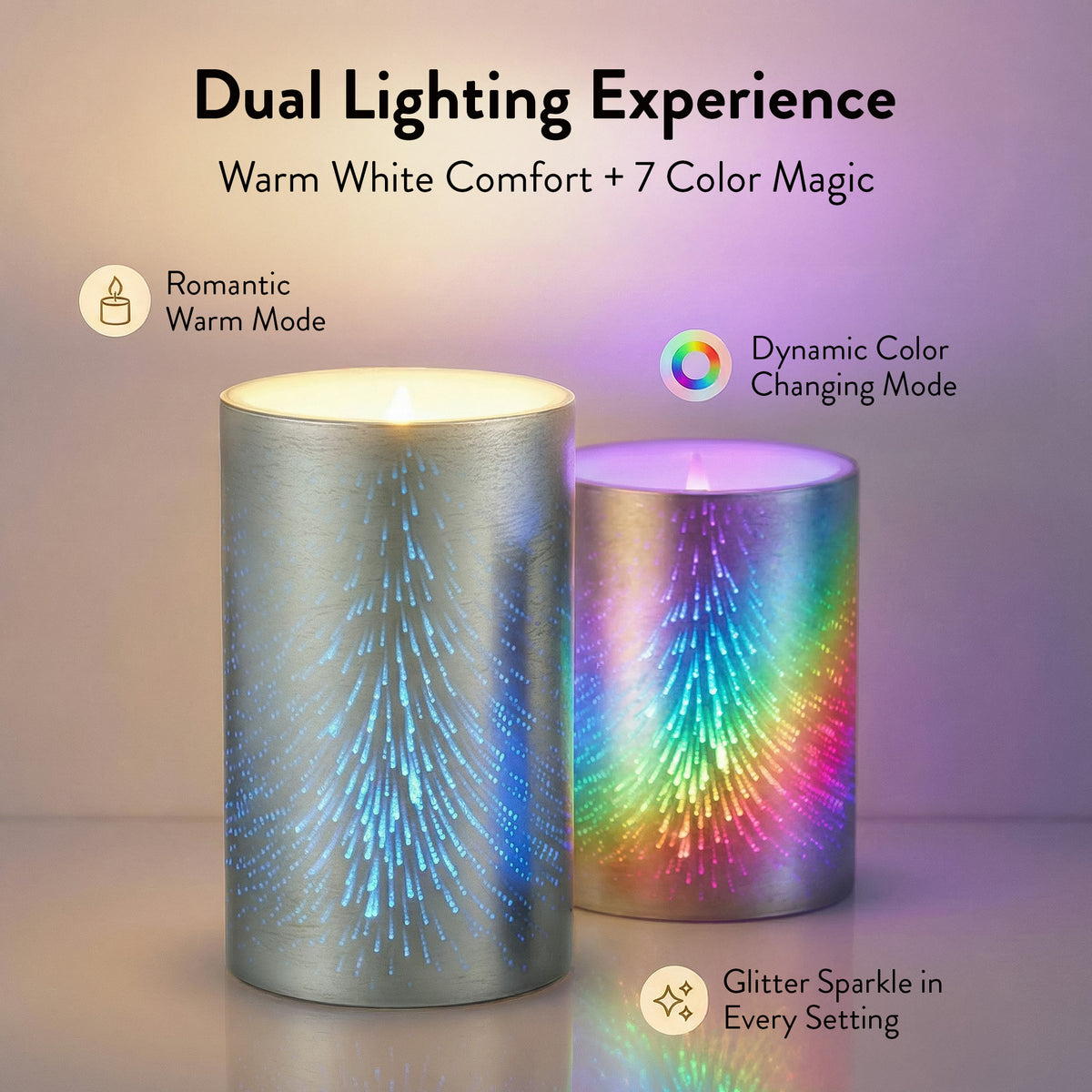 Bell+Howell Flameless Glitter Candle Light 2-Pack – Battery Powered Multi-Color Changing LED Night Light