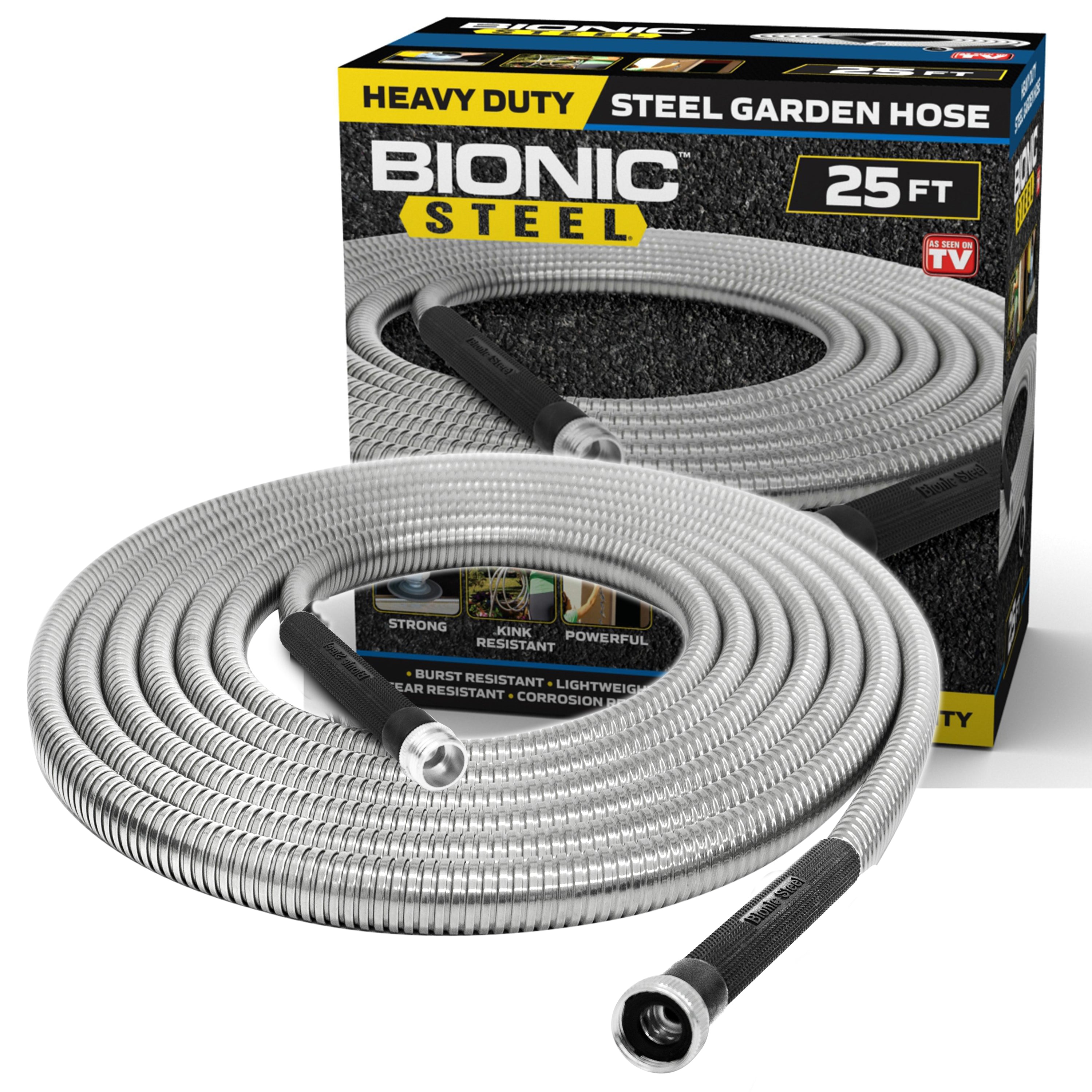 Bionic Steel Garden Hose - Stainless Steel, Flexible, Crush Resistant, Metal Fittings, Kink & Tangle Free