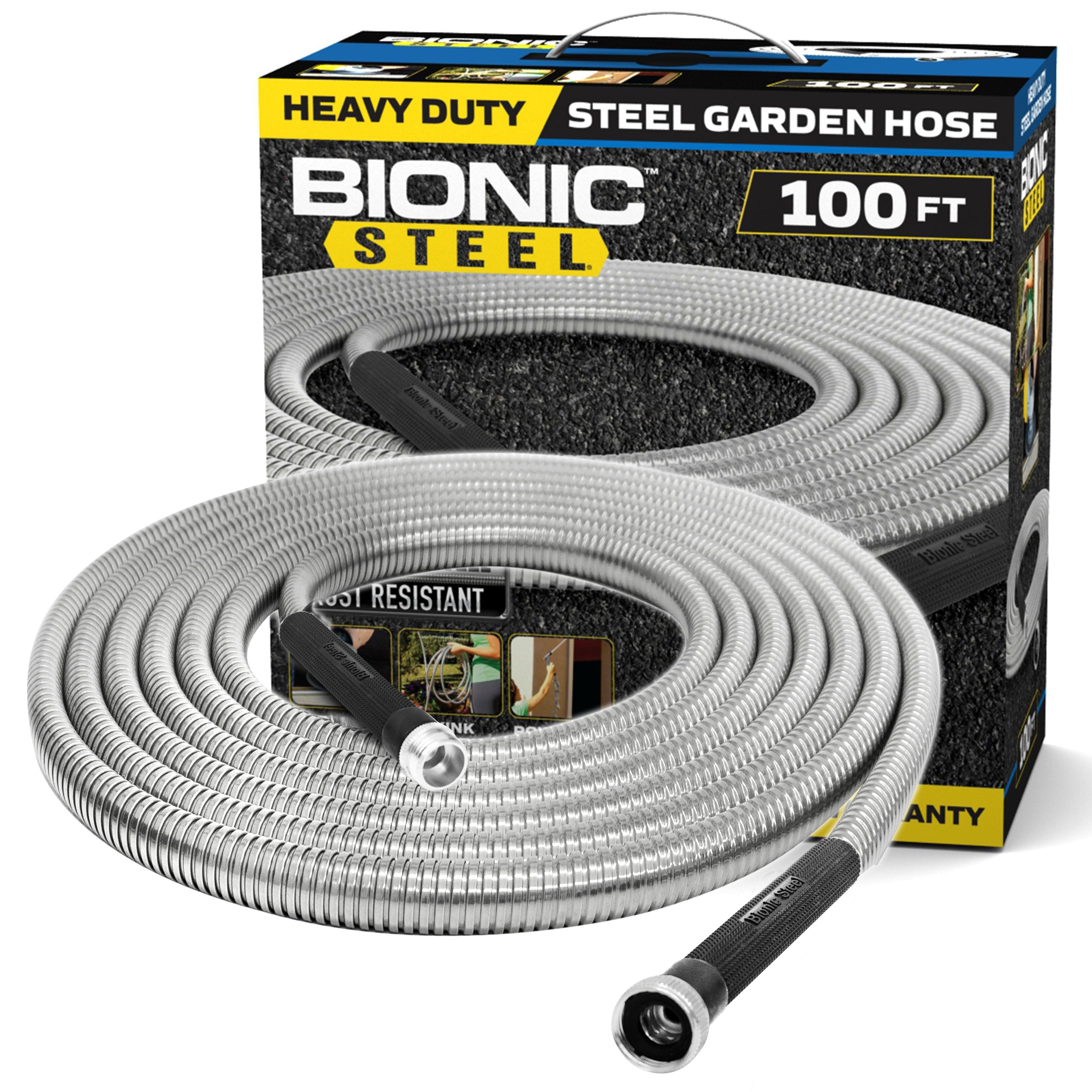 Bionic Steel Garden Hose - Stainless Steel, Flexible, Crush Resistant, Metal Fittings, Kink & Tangle Free