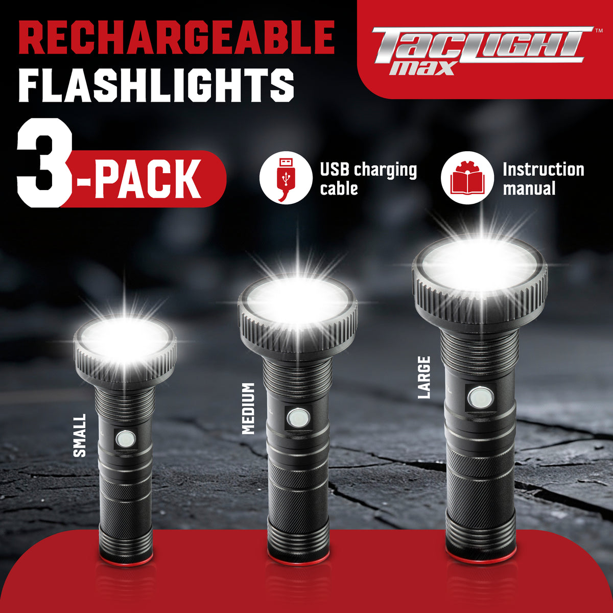 TacLight Max Wide Beam Flashlight 3-Pack – 500 Lumens Cree LED, USB Rechargeable, 5 Light Modes & Zoom Focus