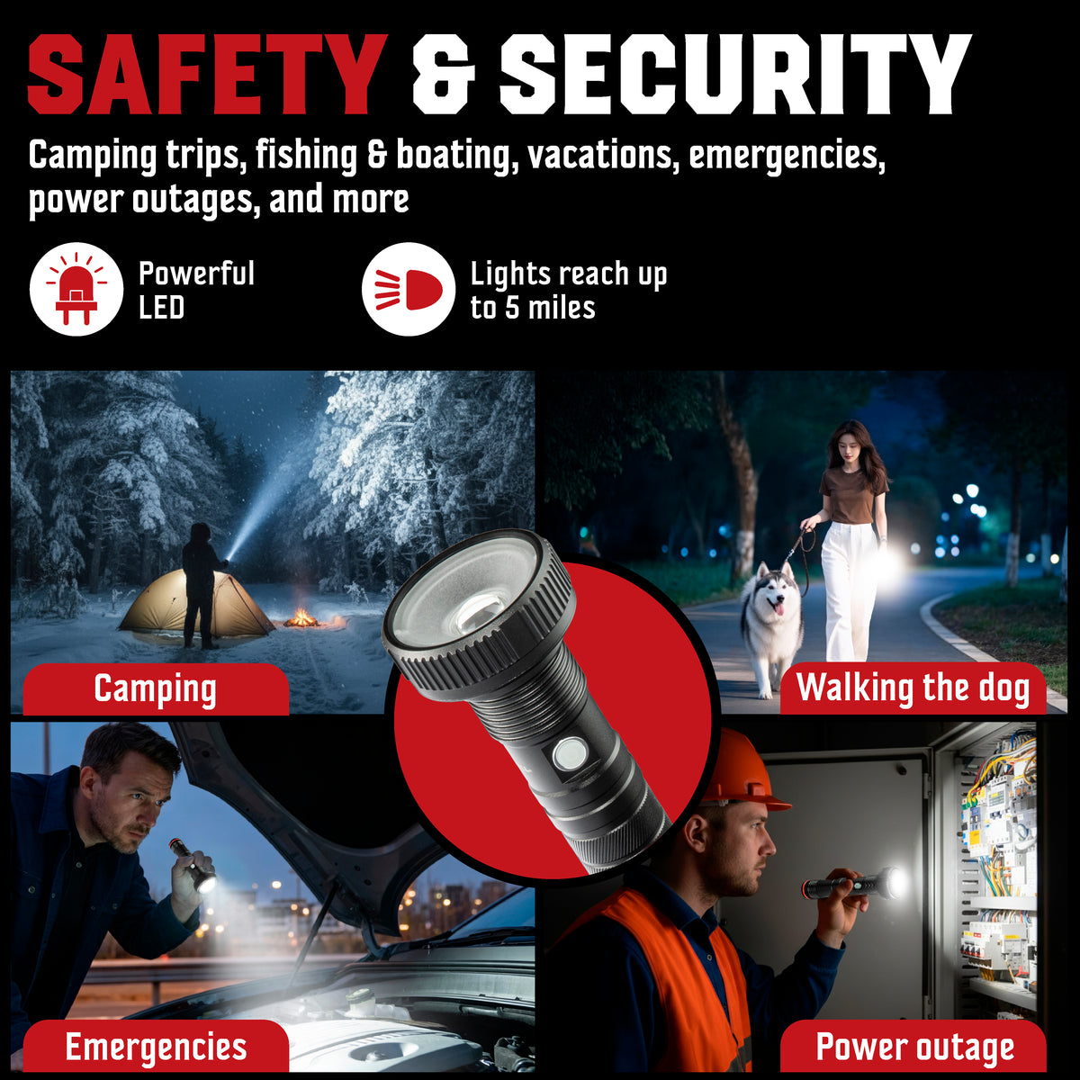 TacLight Max Wide Beam Flashlight 3-Pack – 500 Lumens Cree LED, USB Rechargeable, 5 Light Modes & Zoom Focus