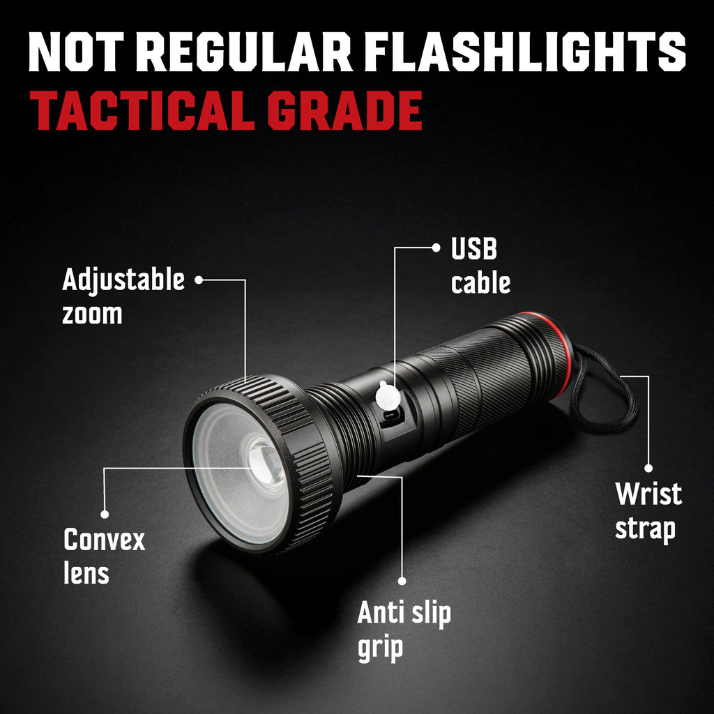 TacLight Max Wide Beam Flashlight 3-Pack – 500 Lumens Cree LED, USB Rechargeable, 5 Light Modes & Zoom Focus