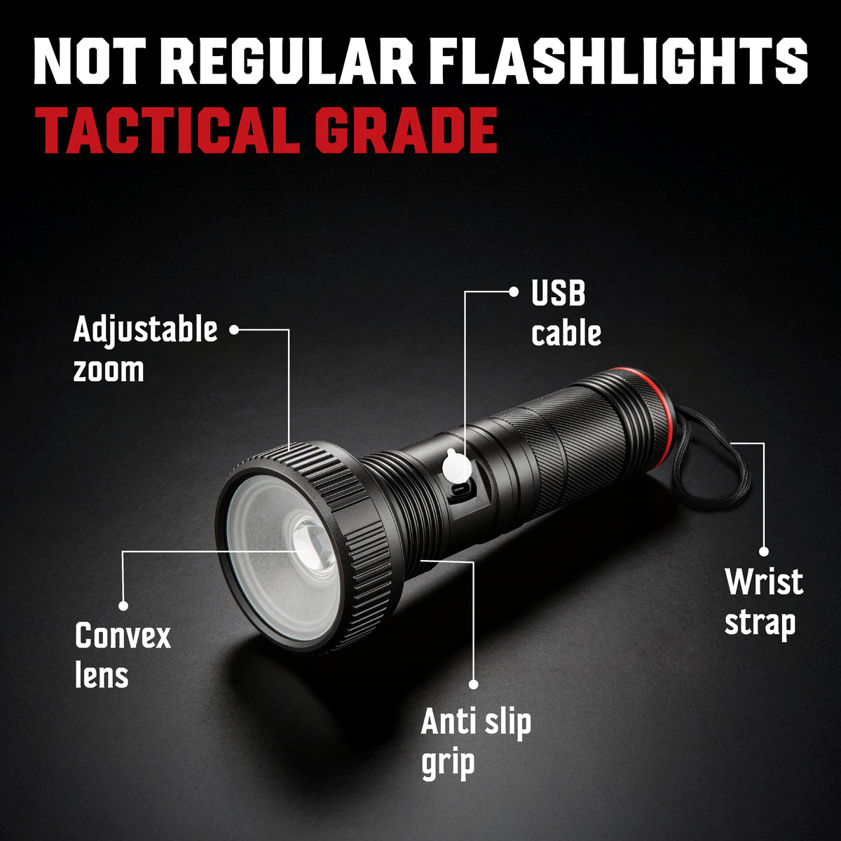 TacLight Max Wide Beam Flashlight 3-Pack – 500 Lumens Cree LED, USB Rechargeable, 5 Light Modes & Zoom Focus