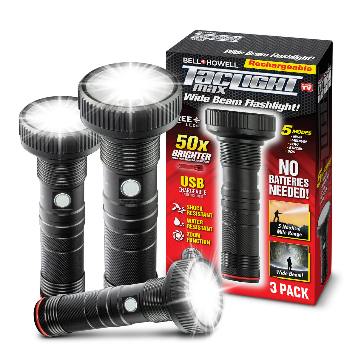 TacLight Max Wide Beam Flashlight 3-Pack – 500 Lumens Cree LED, USB Rechargeable, 5 Light Modes & Zoom Focus