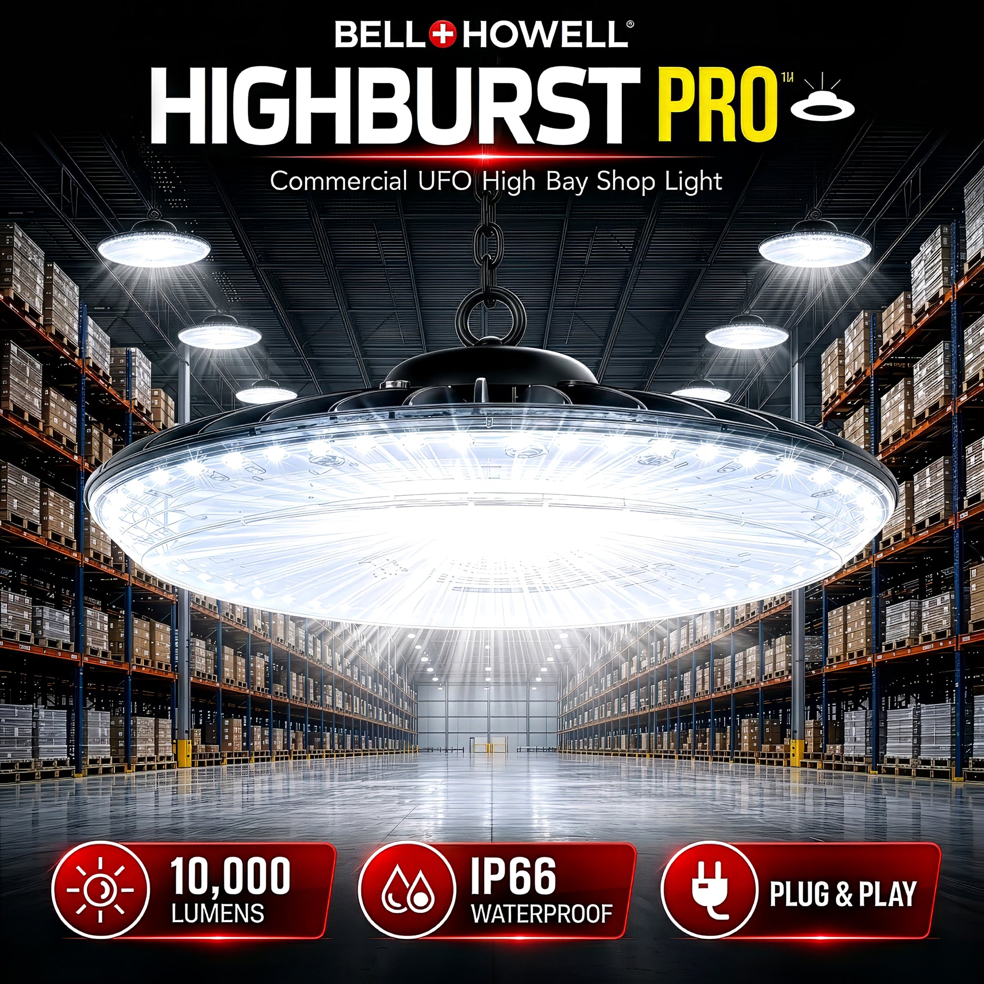 10,000 Lumens Dimmable High Bay LED HighBurst Shop Light, 100 Watts, IP66 Waterproof, Hangable, Dimmer Included, 9 ft. Plug-in Cord