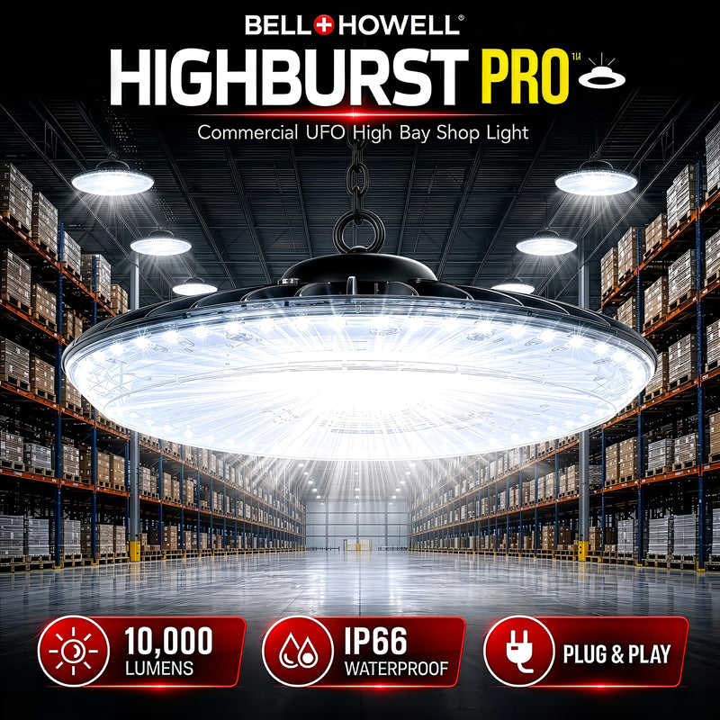 10,000 Lumens Dimmable High Bay LED HighBurst Shop Light, 100 Watts, IP66 Waterproof, Hangable, Dimmer Included, 9 ft. Plug-in Cord