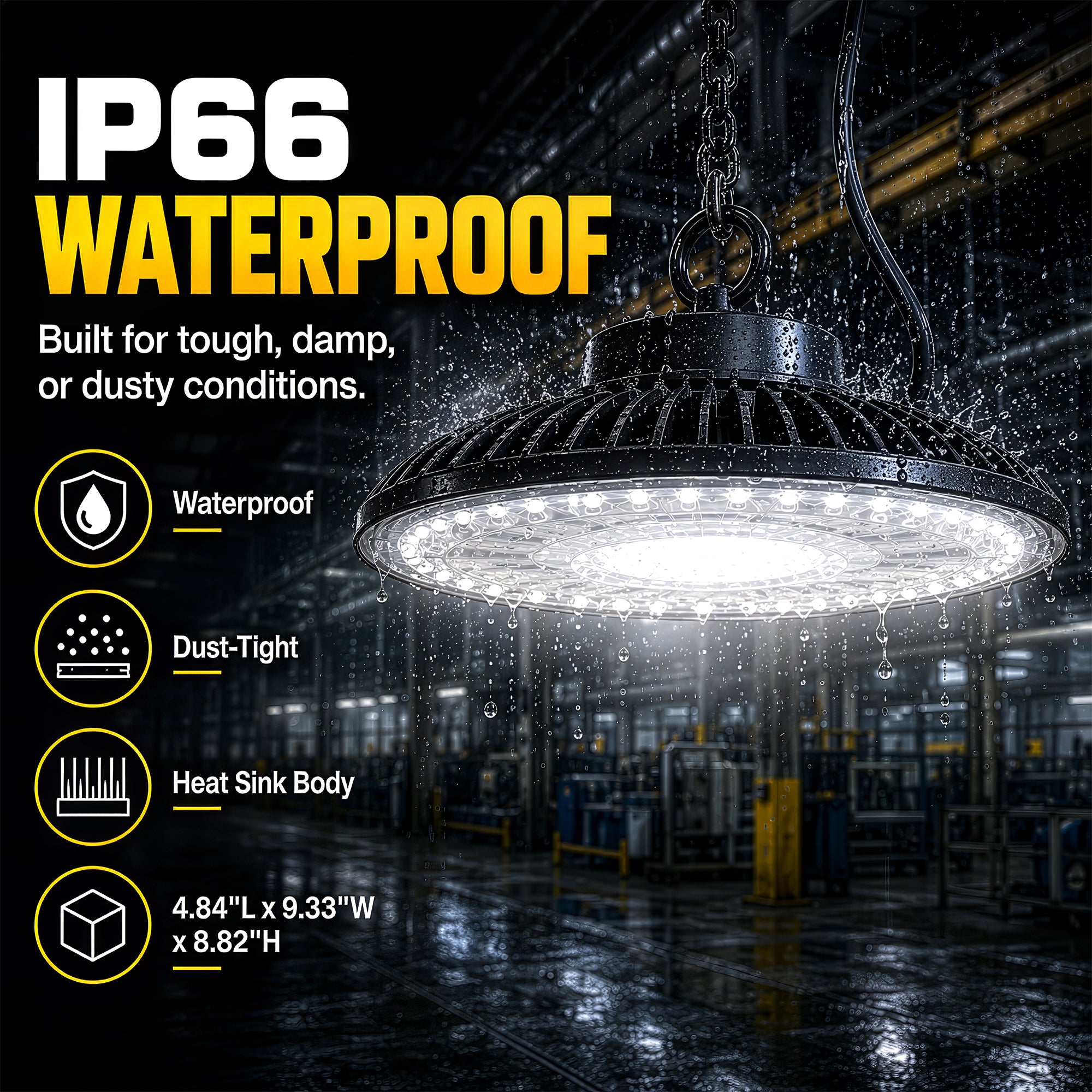 10,000 Lumens Dimmable High Bay LED HighBurst Shop Light, 100 Watts, IP66 Waterproof, Hangable, Dimmer Included, 9 ft. Plug-in Cord
