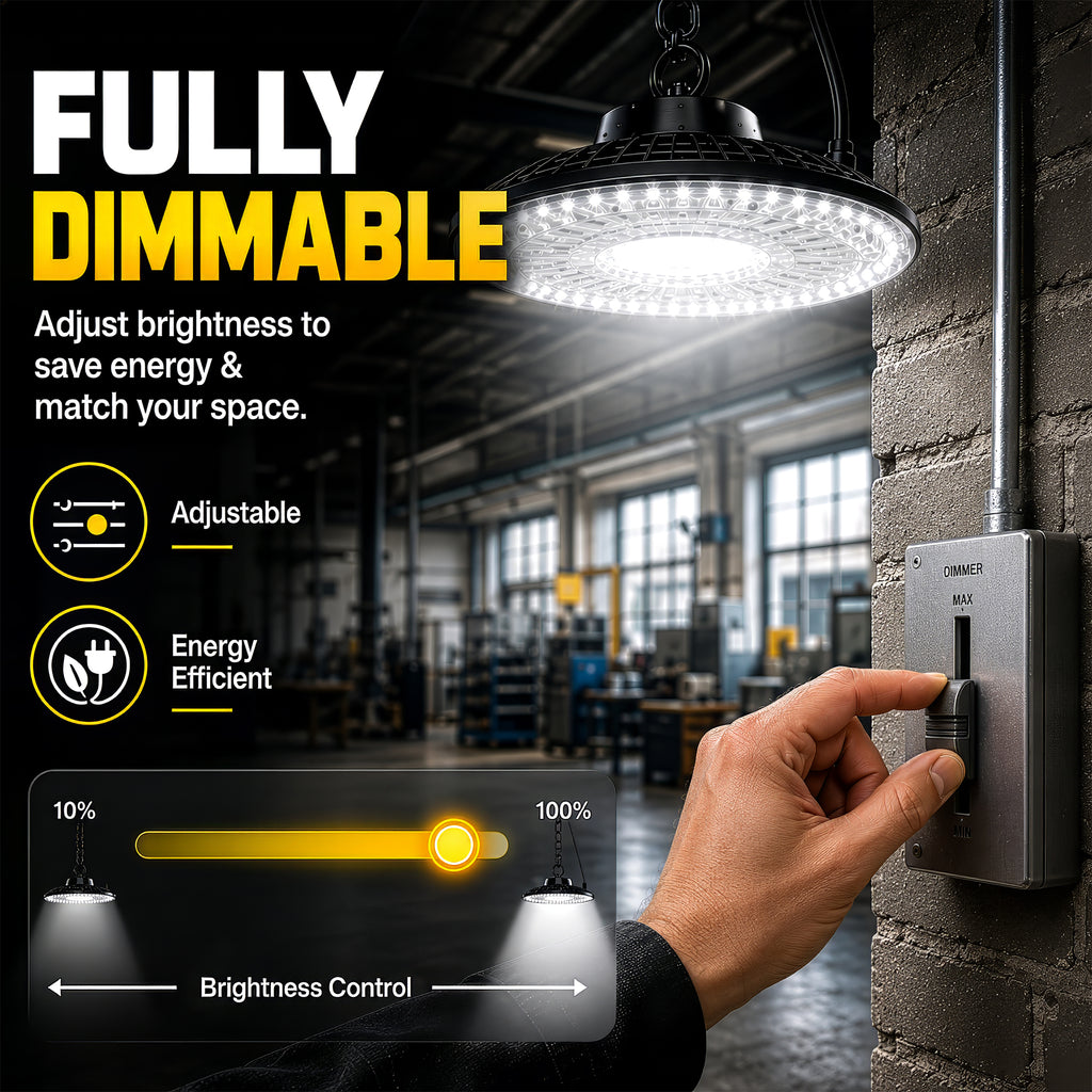 10,000 Lumens Dimmable High Bay LED HighBurst Shop Light, 100 Watts, IP66 Waterproof, Hangable, Dimmer Included, 9 ft. Plug-in Cord