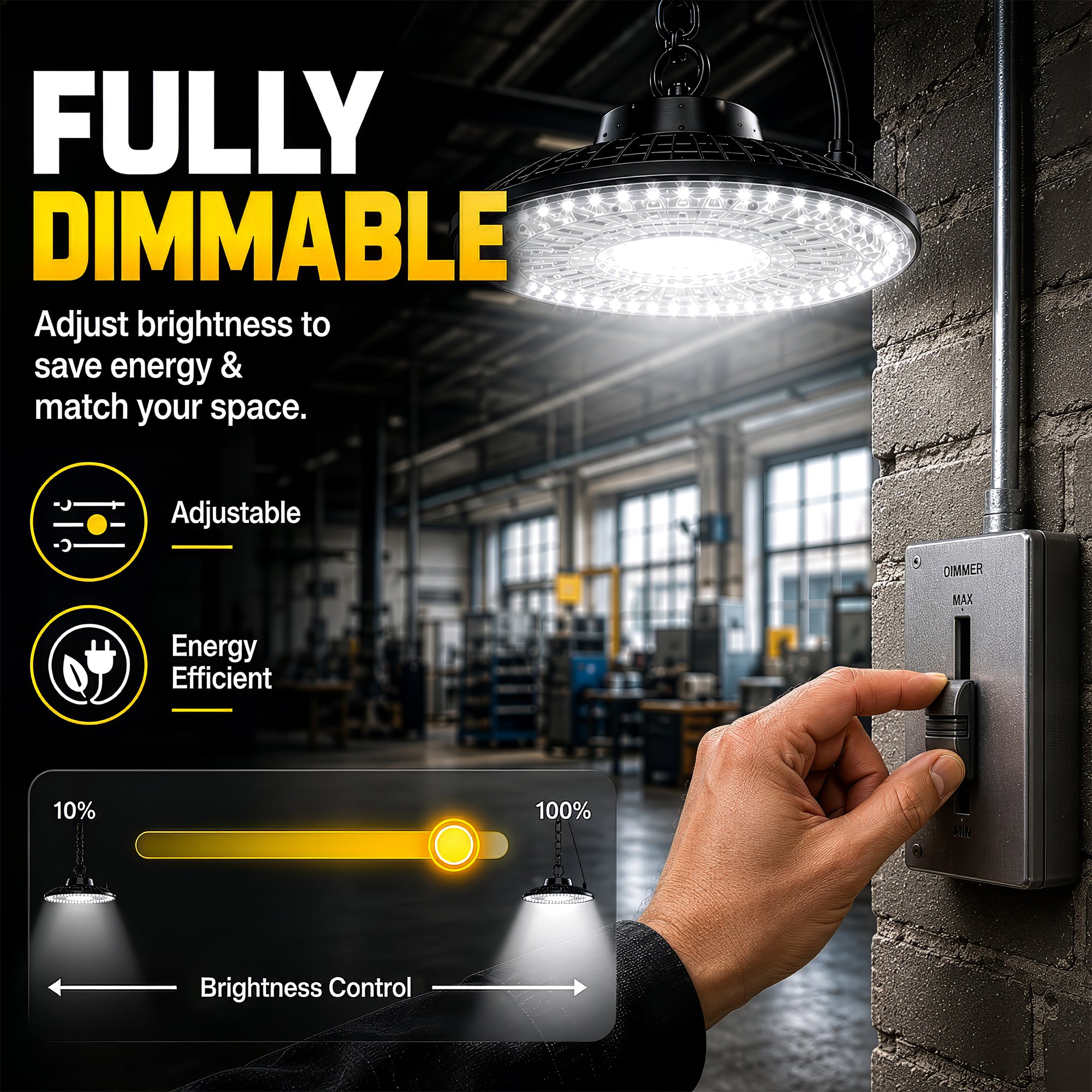 10,000 Lumens Dimmable High Bay LED HighBurst Shop Light, 100 Watts, IP66 Waterproof, Hangable, Dimmer Included, 9 ft. Plug-in Cord