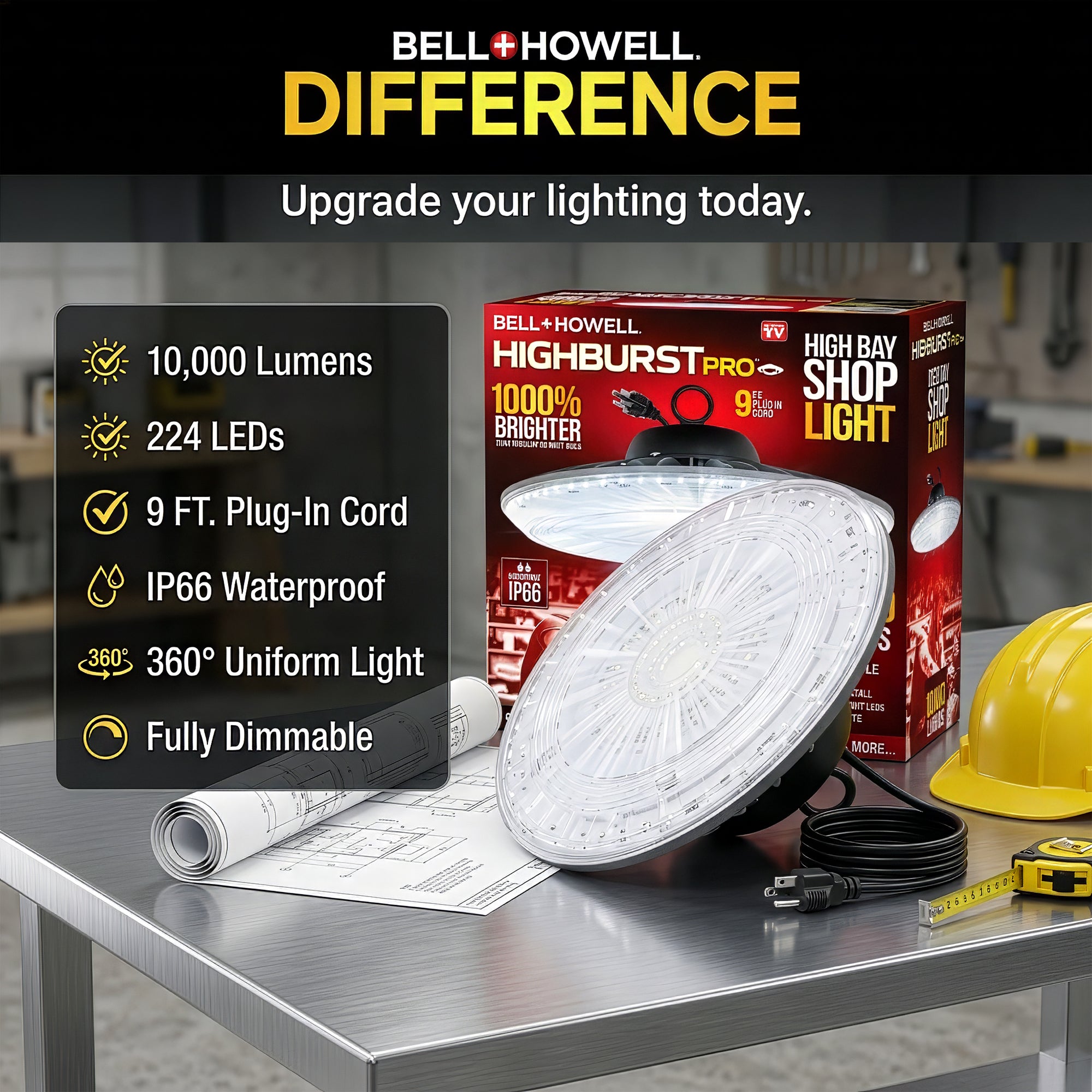 10,000 Lumens Dimmable High Bay LED HighBurst Shop Light, 100 Watts, IP66 Waterproof, Hangable, Dimmer Included, 9 ft. Plug-in Cord