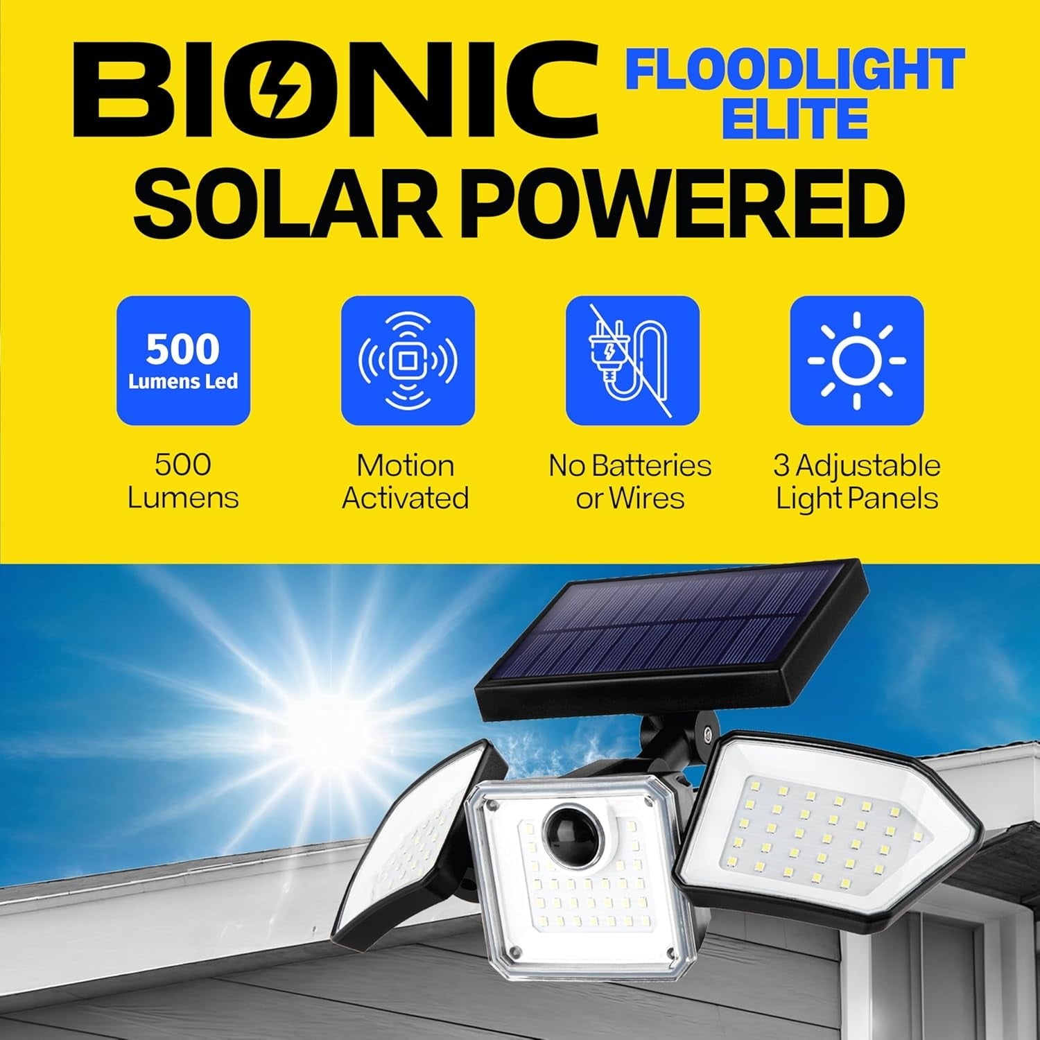 Bionic Floodlight Elite – 500-Lumen Solar Powered Outdoor Flood Light with Motion Sensor, Waterproof LED for Yard, Patio, Porch