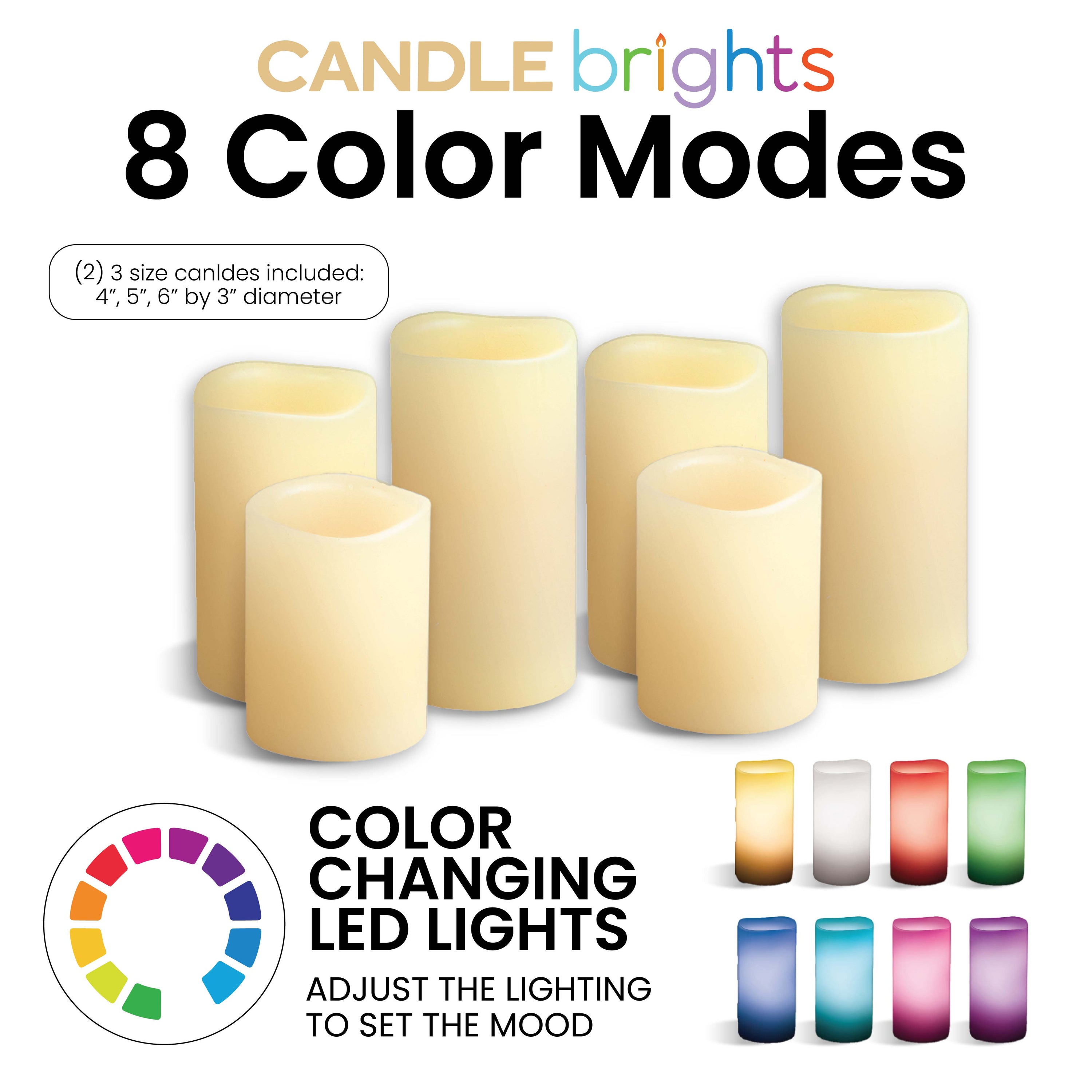 Candle Brights 6 Pack Flameless Pillar Candles LED Multi Color Mood Lighting Remote