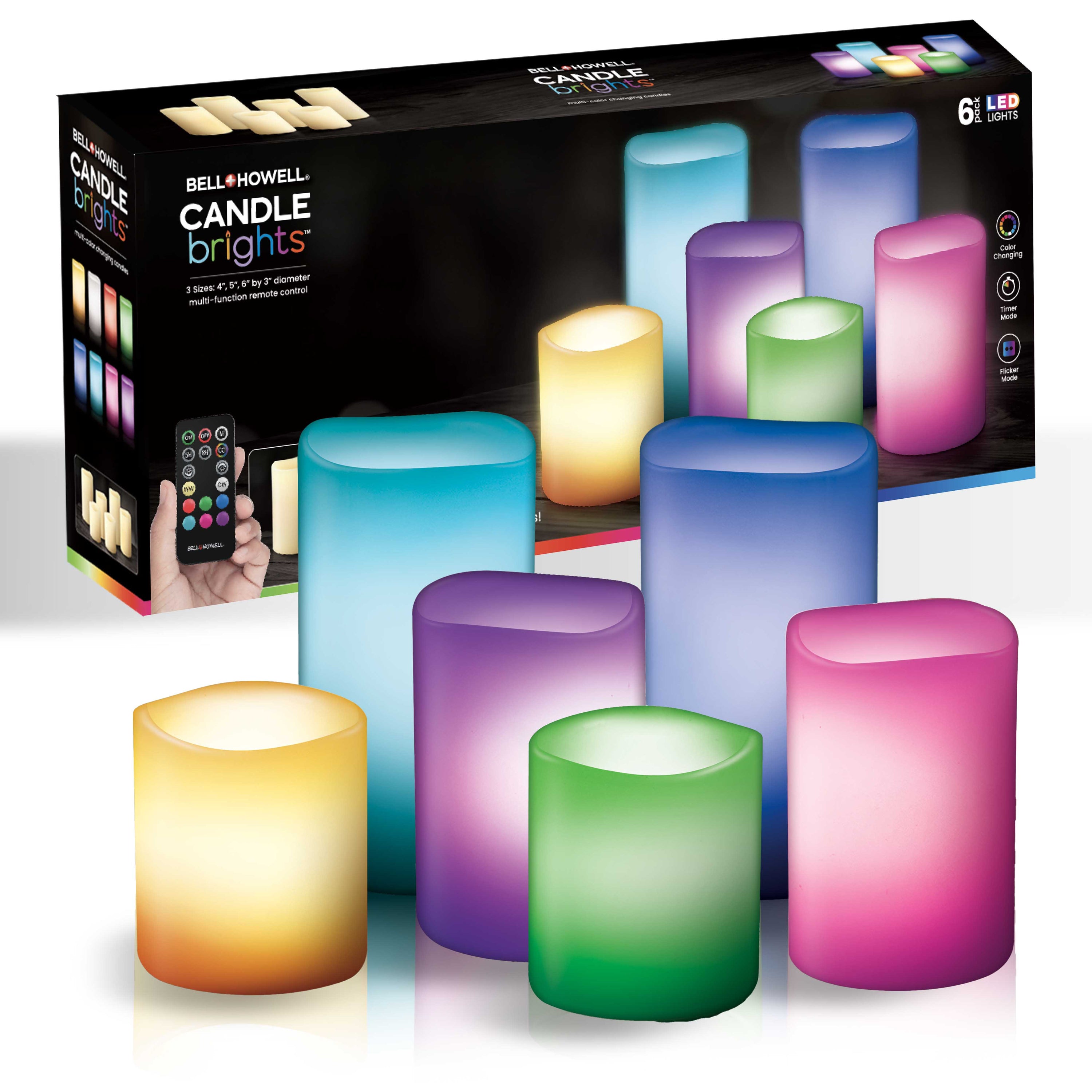 Candle Brights 6 Pack Flameless Pillar Candles LED Multi Color Mood Lighting Remote