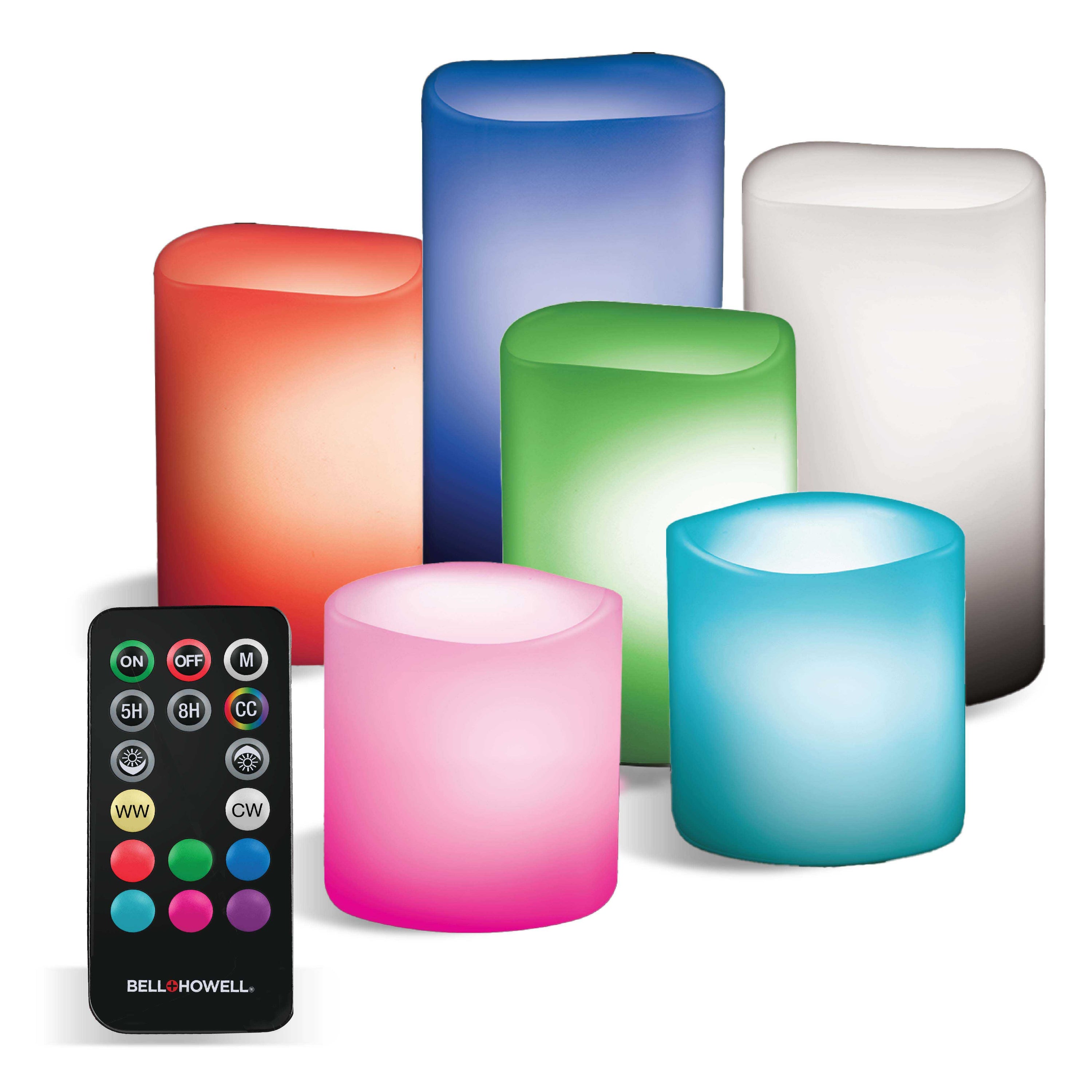 Candle Brights 6 Pack Flameless Pillar Candles LED Multi Color Mood Lighting Remote