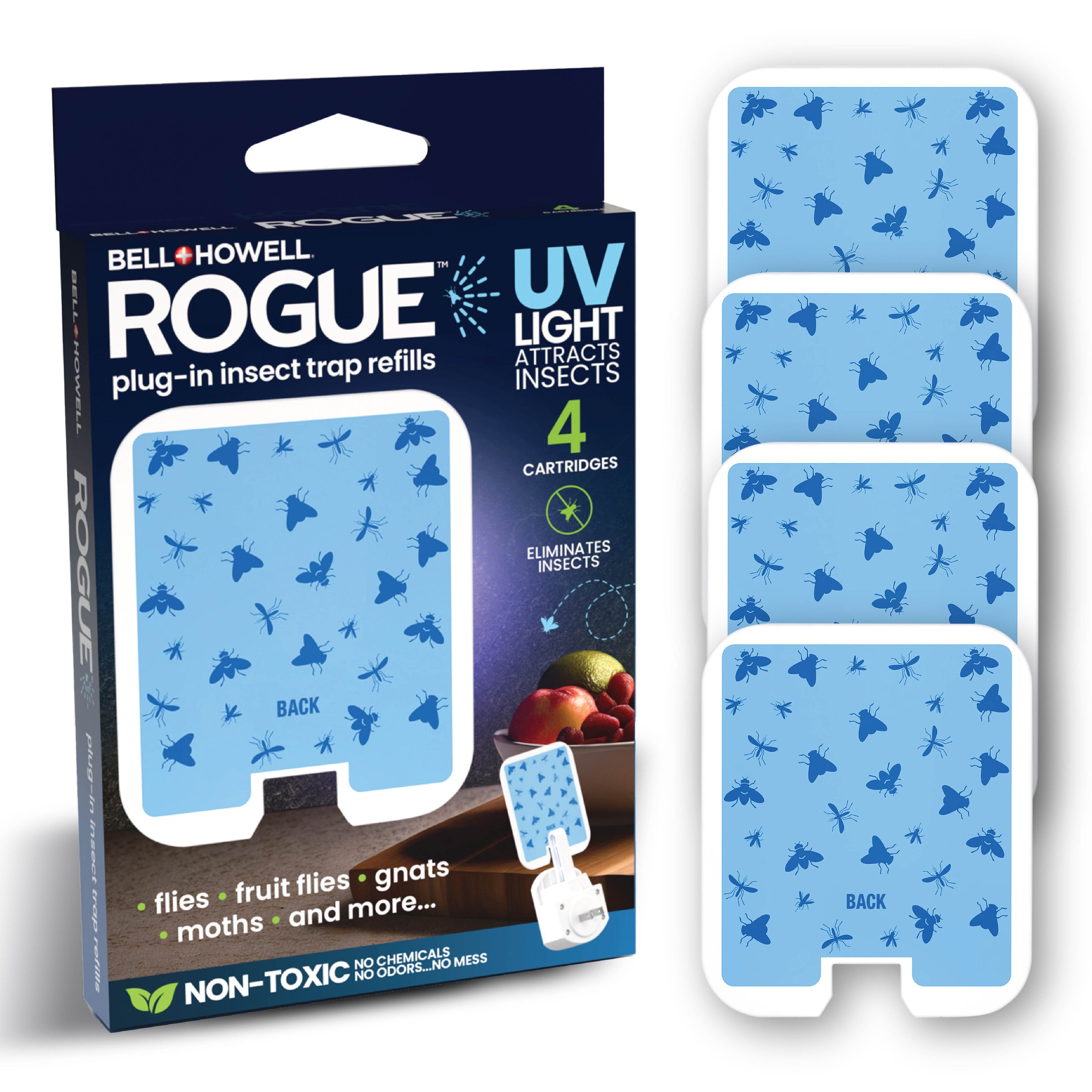 Rogue Fly Insect Trap Indoor with Night Light and 3 Cartridges, Plug in Bug Catcher, Pest Repeller Indoor Bug Light Trap Indoor for Flies, Fruit Flies, Gnats and More, Odor Free