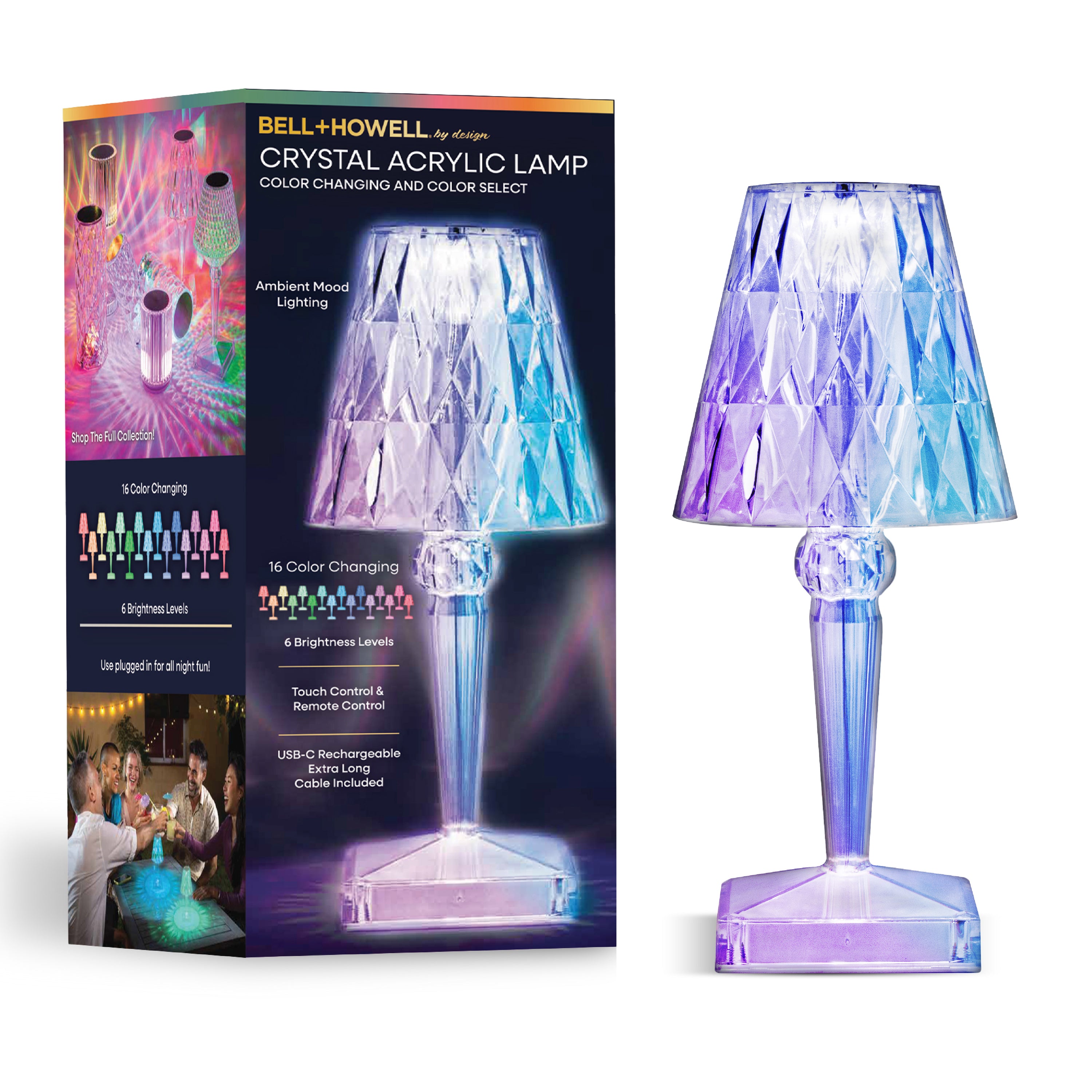 Crystal Acrylic Lamp – Cordless, Touch, Remote Control, LED, USB-C Rechargeable, Multi-Color