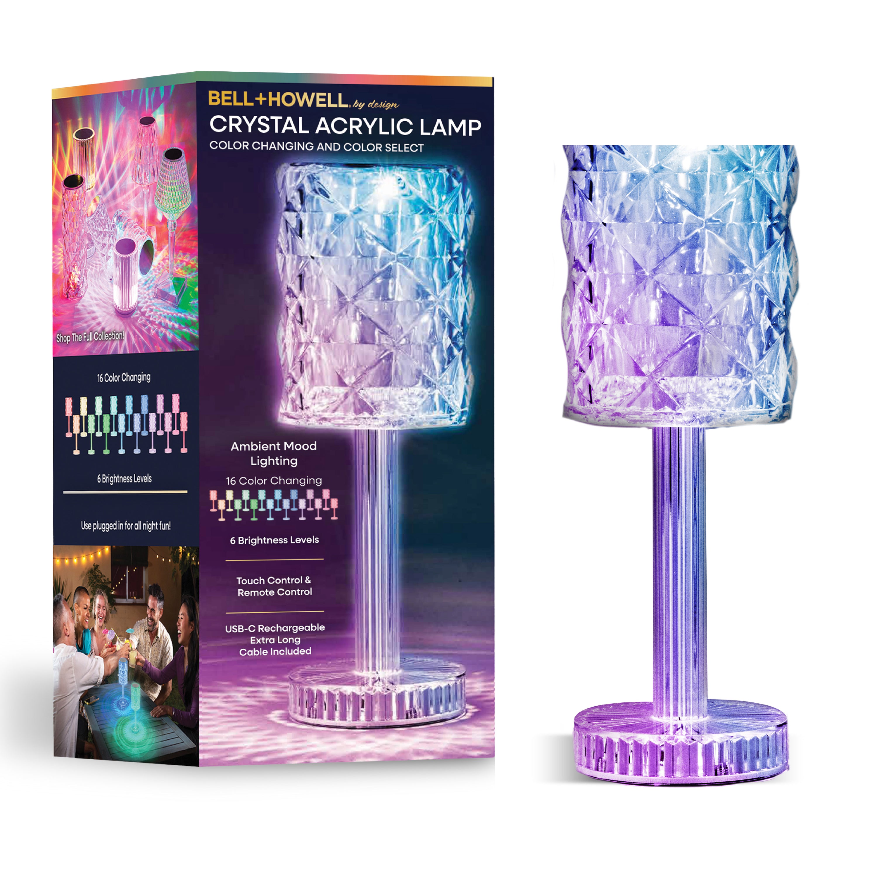 Crystal Acrylic Lamp – Cordless, Touch, Remote Control, LED, USB-C Rechargeable, Multi-Color