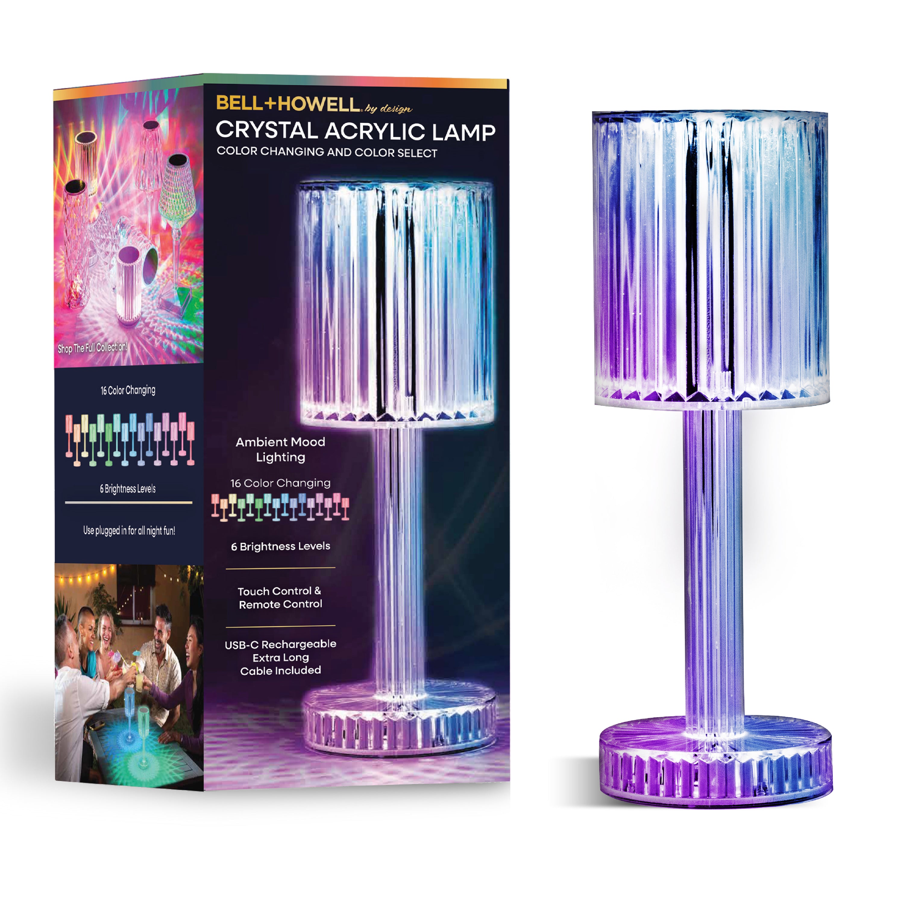 Crystal Acrylic Lamp – Cordless, Touch, Remote Control, LED, USB-C Rechargeable, Multi-Color