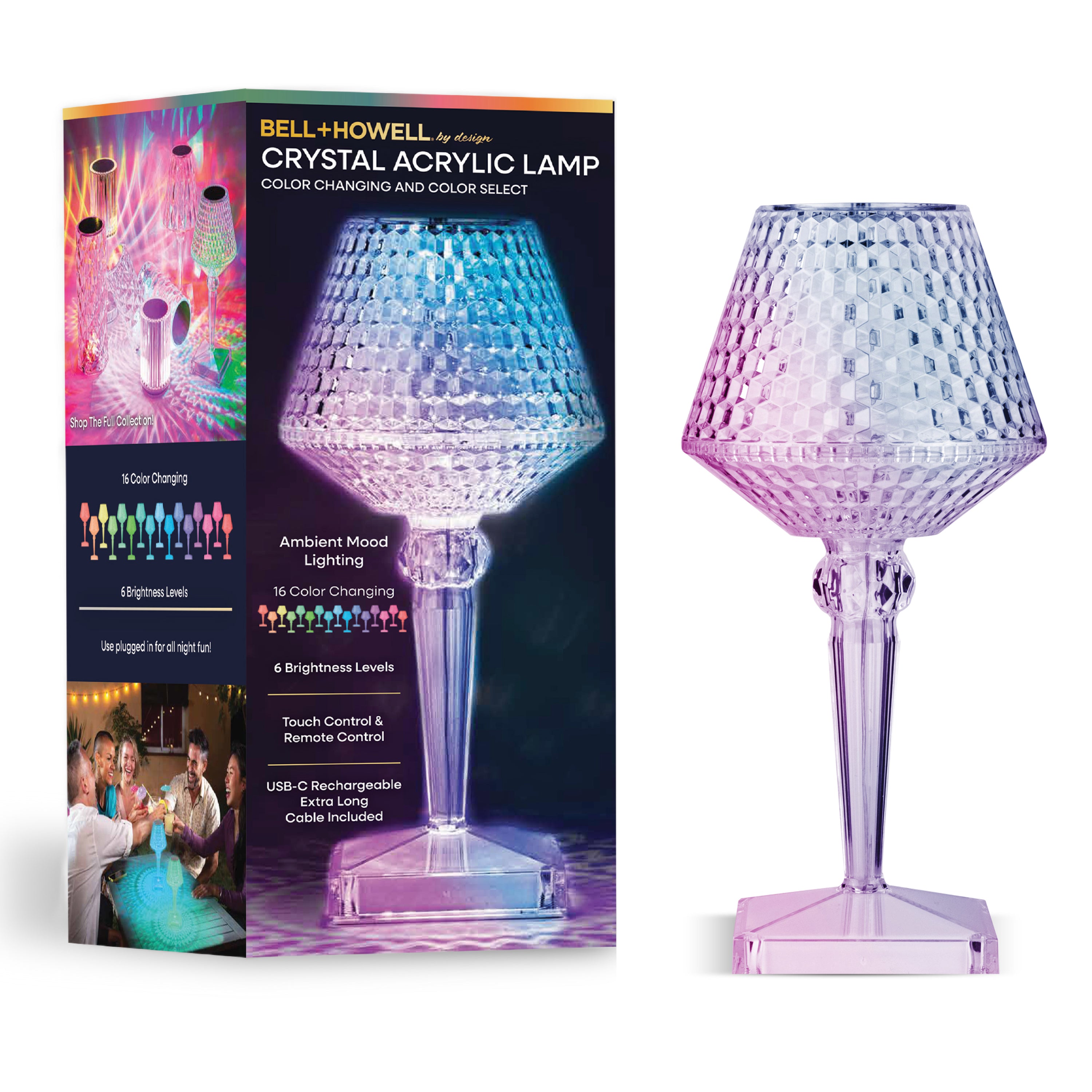 Crystal Acrylic Lamp – Cordless, Touch, Remote Control, LED, USB-C Rechargeable, Multi-Color