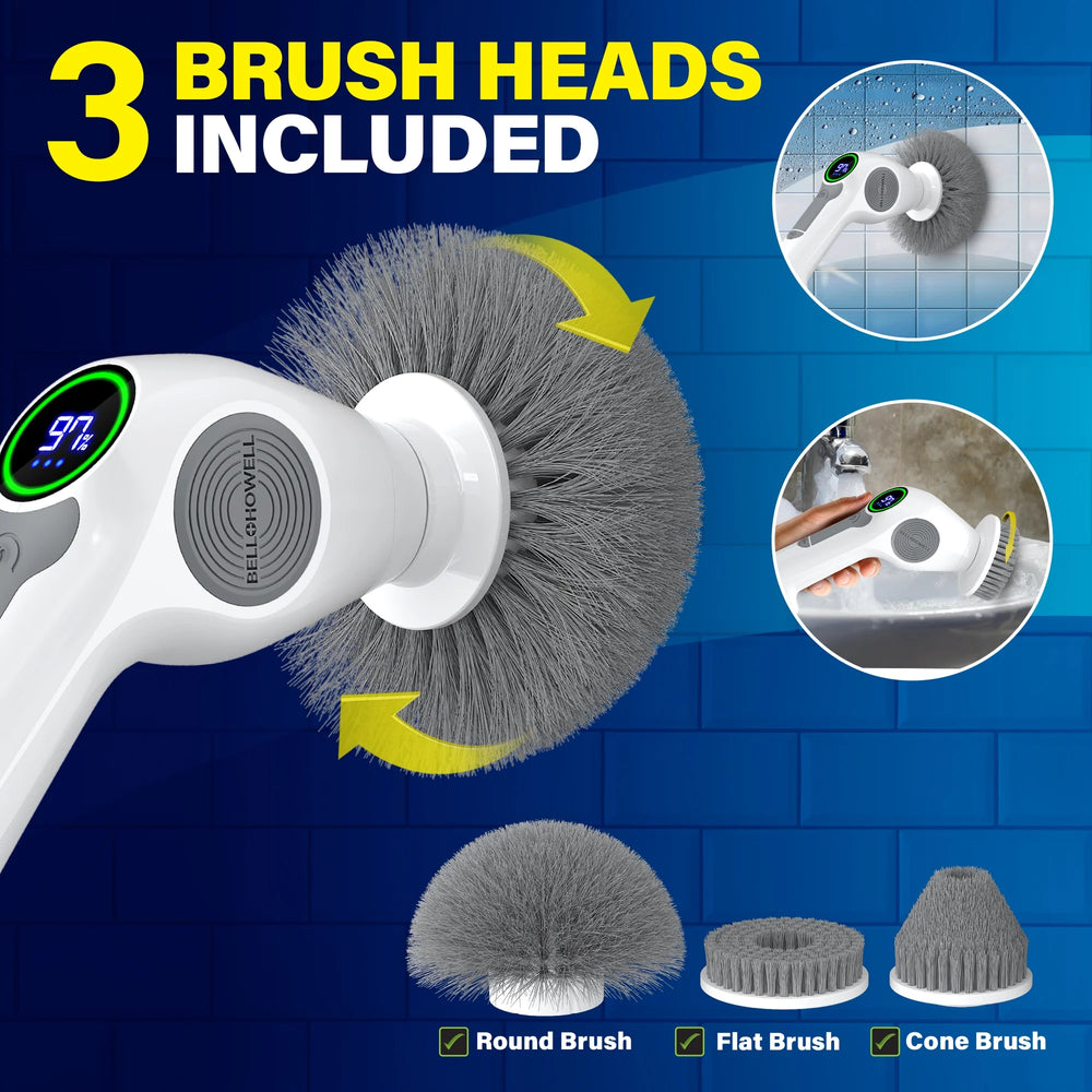 Scrubtastic Pro Electric Spin Scrubber – Rechargeable, Extendable Multi-Purpose Tile, Grout, Bathroom, Floor & Bathtub Cleaner with 3 Rotating Brush Heads