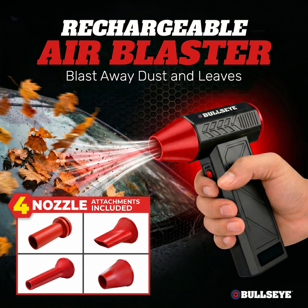 Bullseye Rechargeable Air Blaster – Portable Cordless Electric Air Duster & Leaf Blower with 3 Speeds, 4 Nozzles & 4000mAh Battery