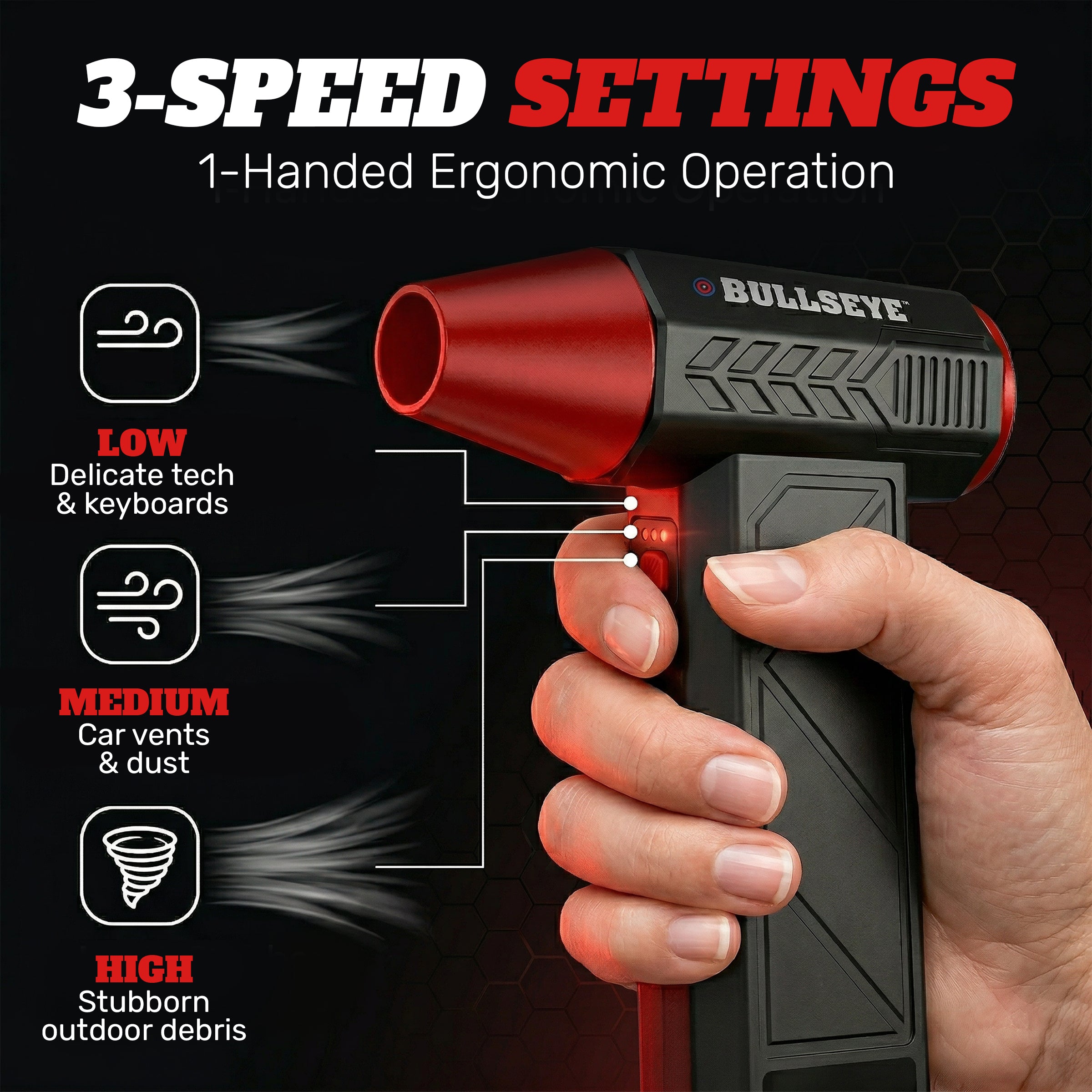 Bullseye Rechargeable Air Blaster – Portable Cordless Electric Air Duster & Leaf Blower with 3 Speeds, 4 Nozzles & 4000mAh Battery