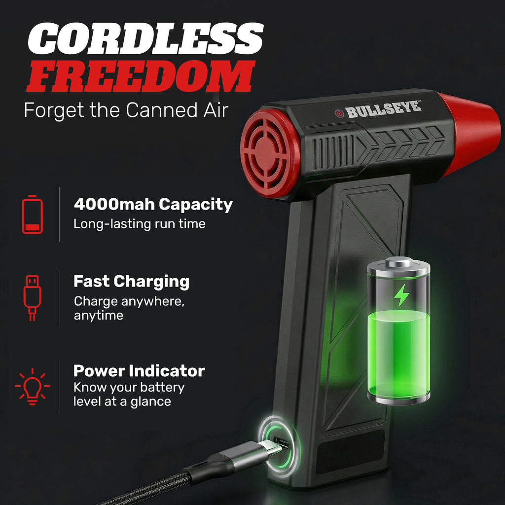 Bullseye Rechargeable Air Blaster – Portable Cordless Electric Air Duster & Leaf Blower with 3 Speeds, 4 Nozzles & 4000mAh Battery