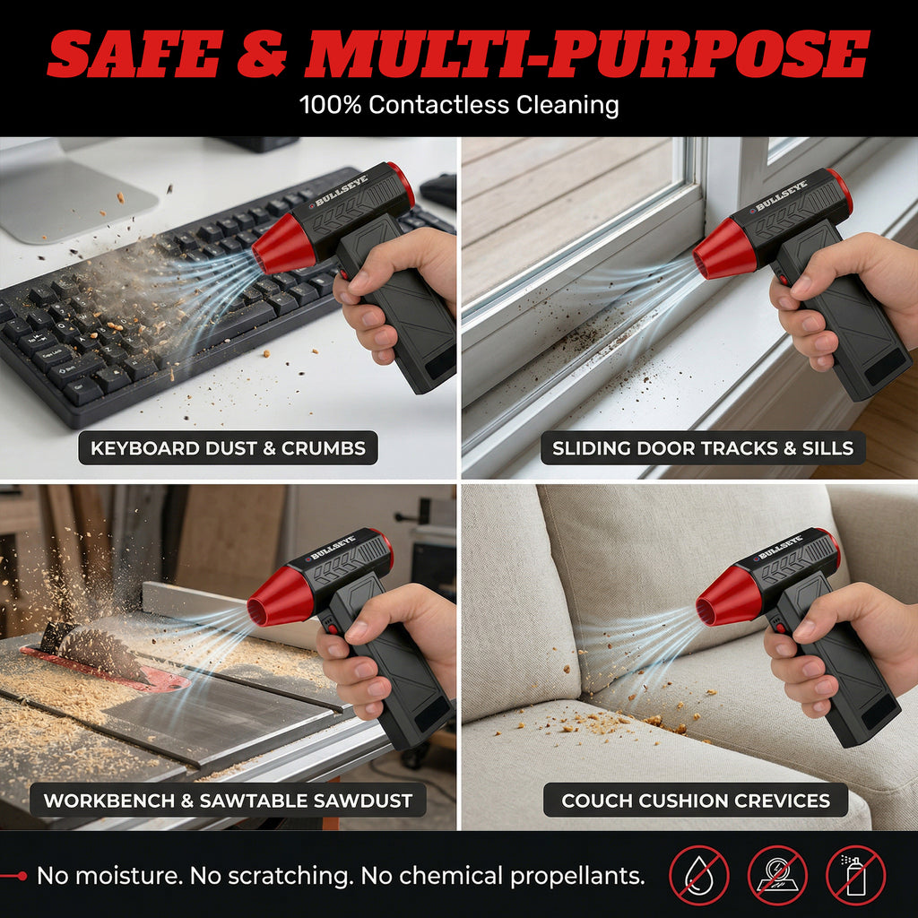 Bullseye Rechargeable Air Blaster – Portable Cordless Electric Air Duster & Leaf Blower with 3 Speeds, 4 Nozzles & 4000mAh Battery
