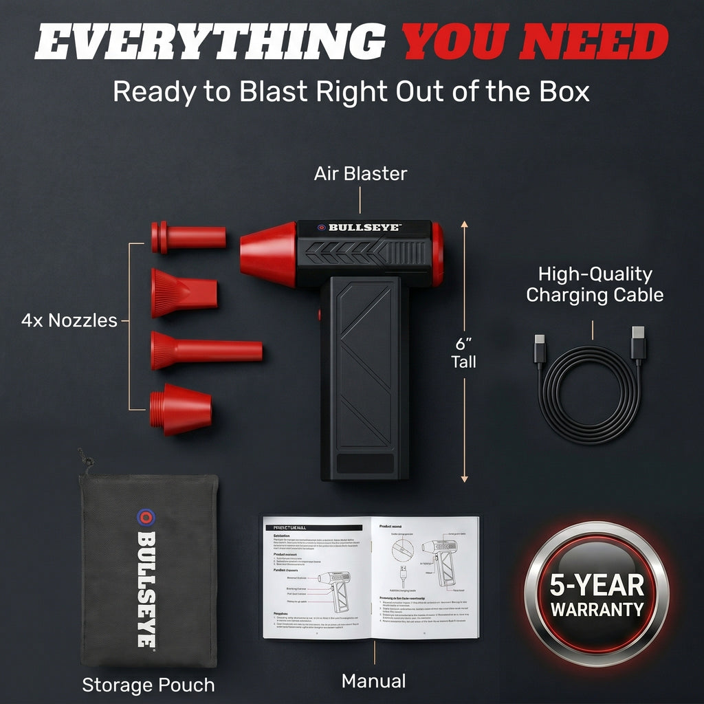 Bullseye Rechargeable Air Blaster – Portable Cordless Electric Air Duster & Leaf Blower with 3 Speeds, 4 Nozzles & 4000mAh Battery